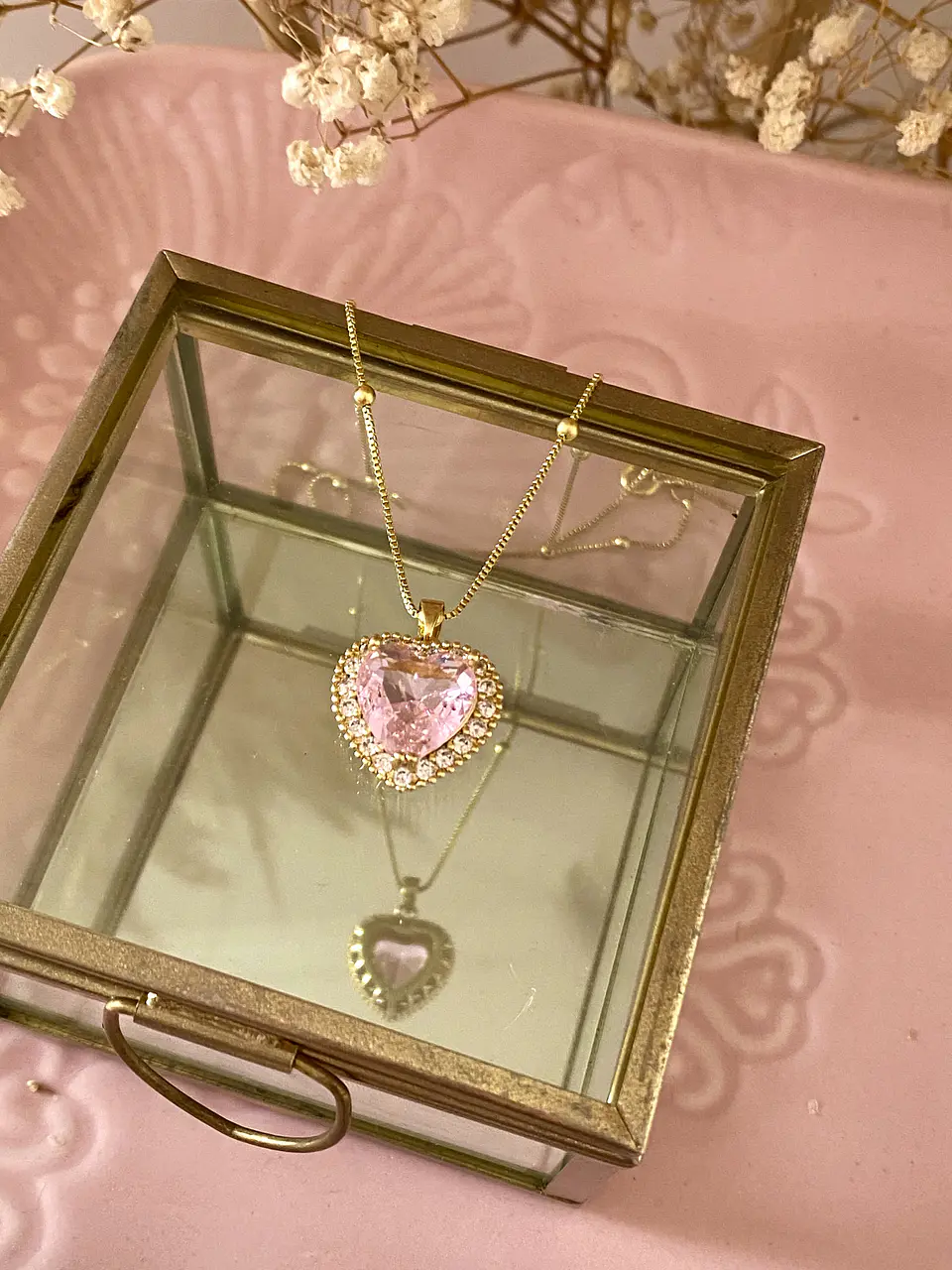 Cadena bolitas  Corazón Cristal Rosa  2