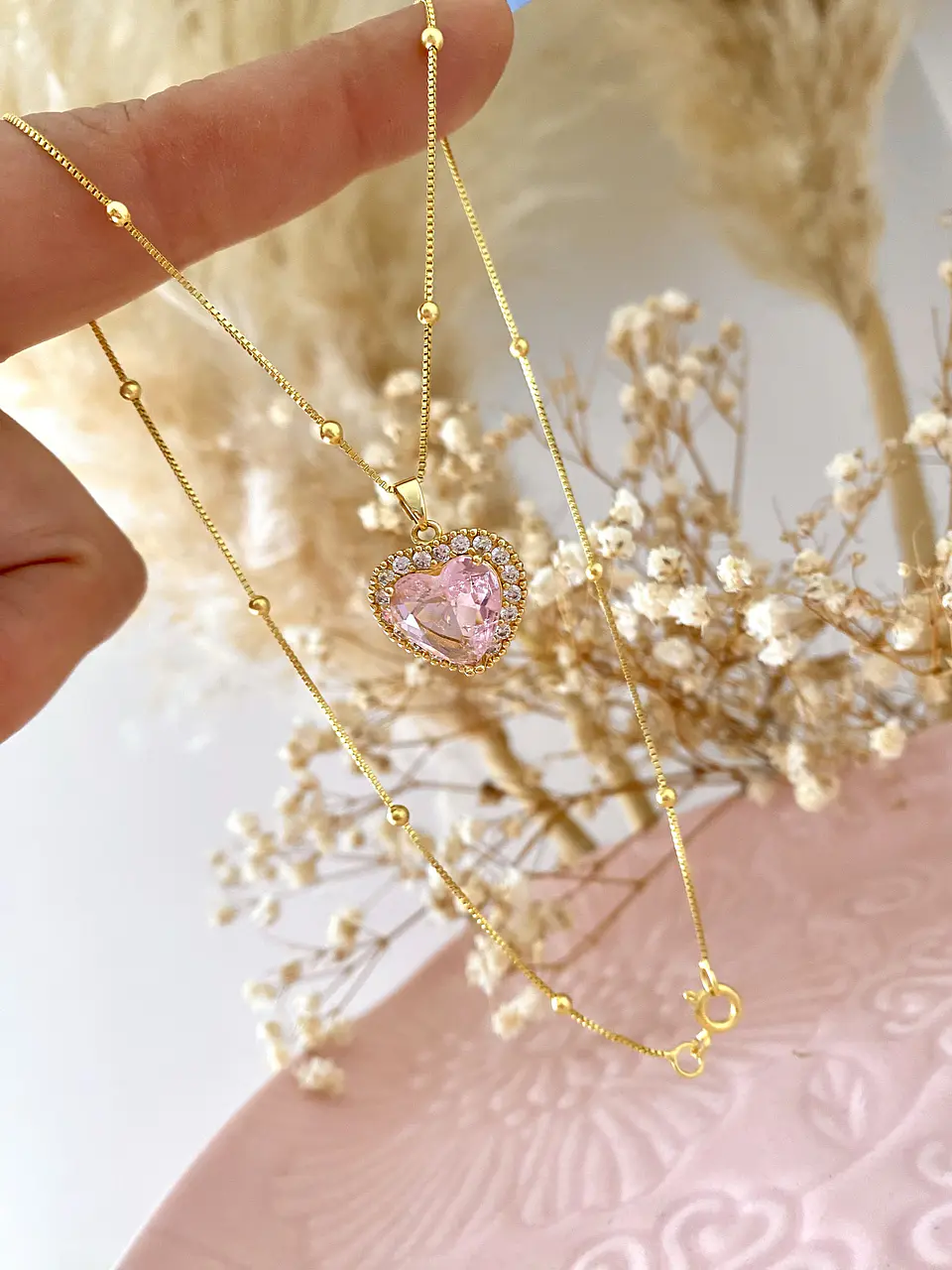 Cadena bolitas  Corazón Cristal Rosa  3