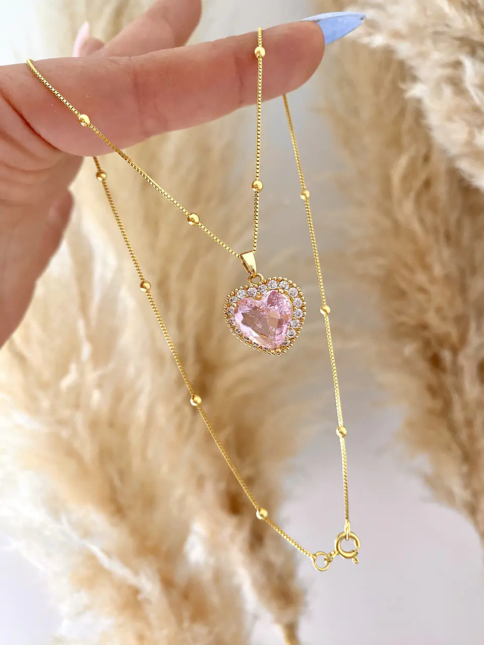 Cadena bolitas  Corazón Cristal Rosa  4