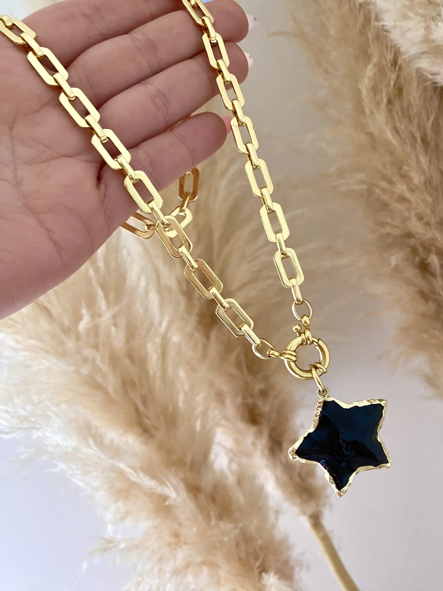 Collar Eslabones Aplanados Estrella Obsidiana  6