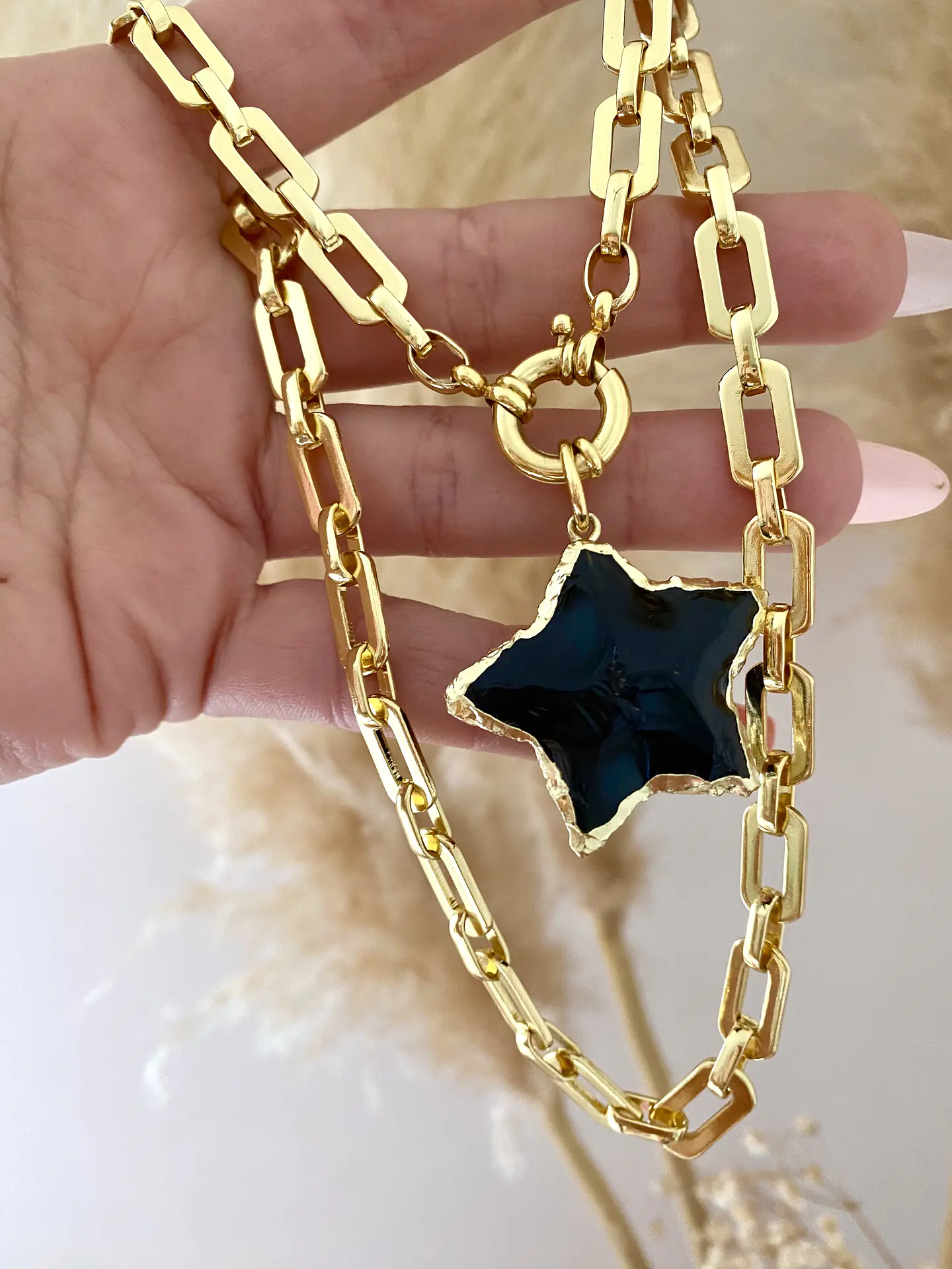 Collar Eslabones Aplanados Estrella Obsidiana  2