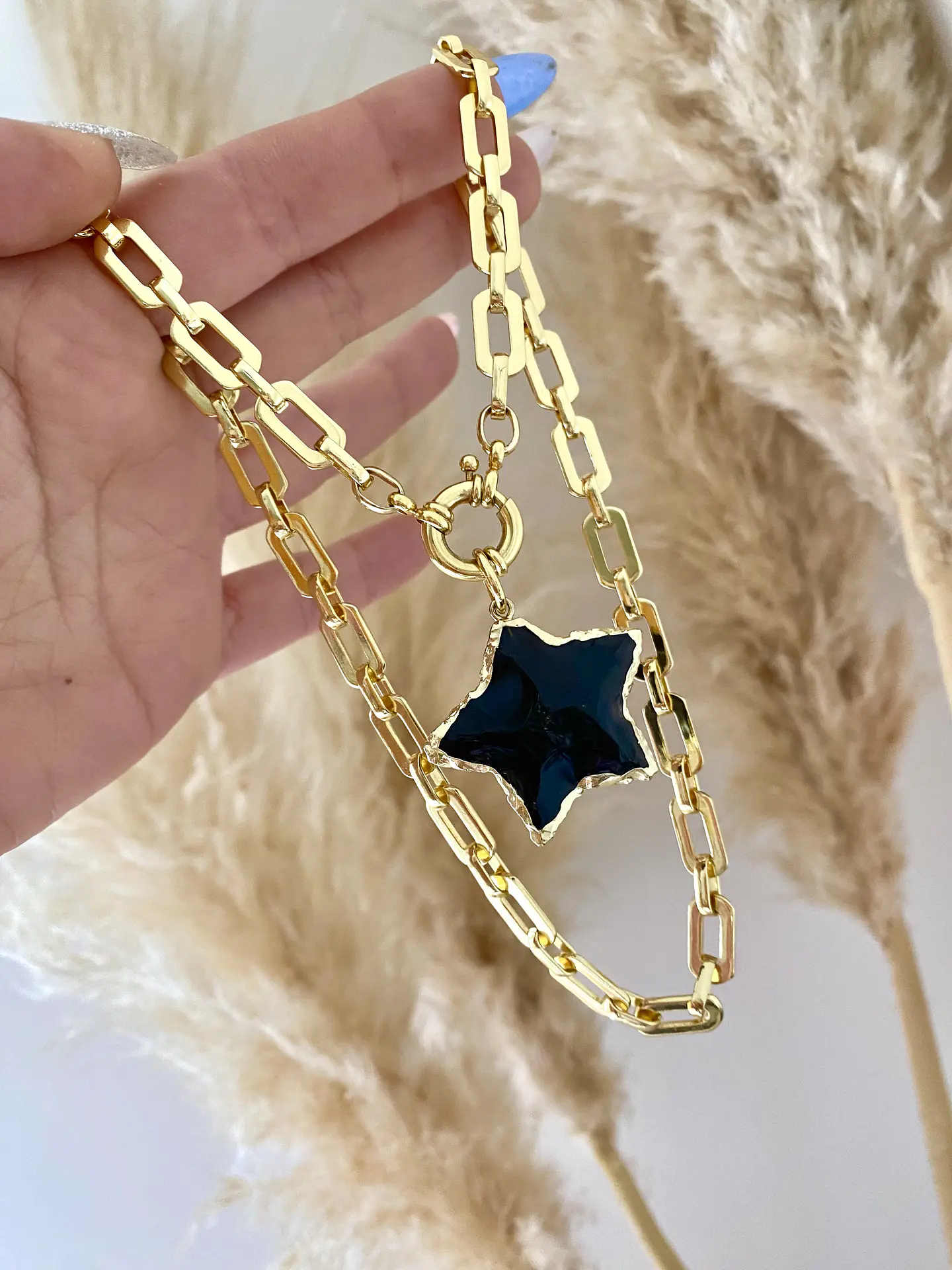 Collar Eslabones Aplanados Estrella Obsidiana  5