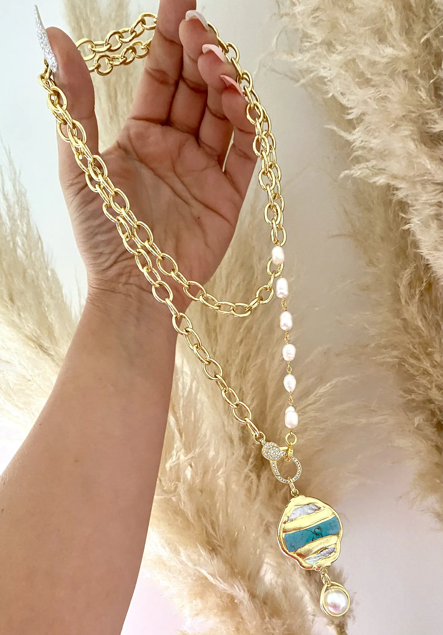 Collar XL Placa Turquesa Nácar y Perlas  Gold 1