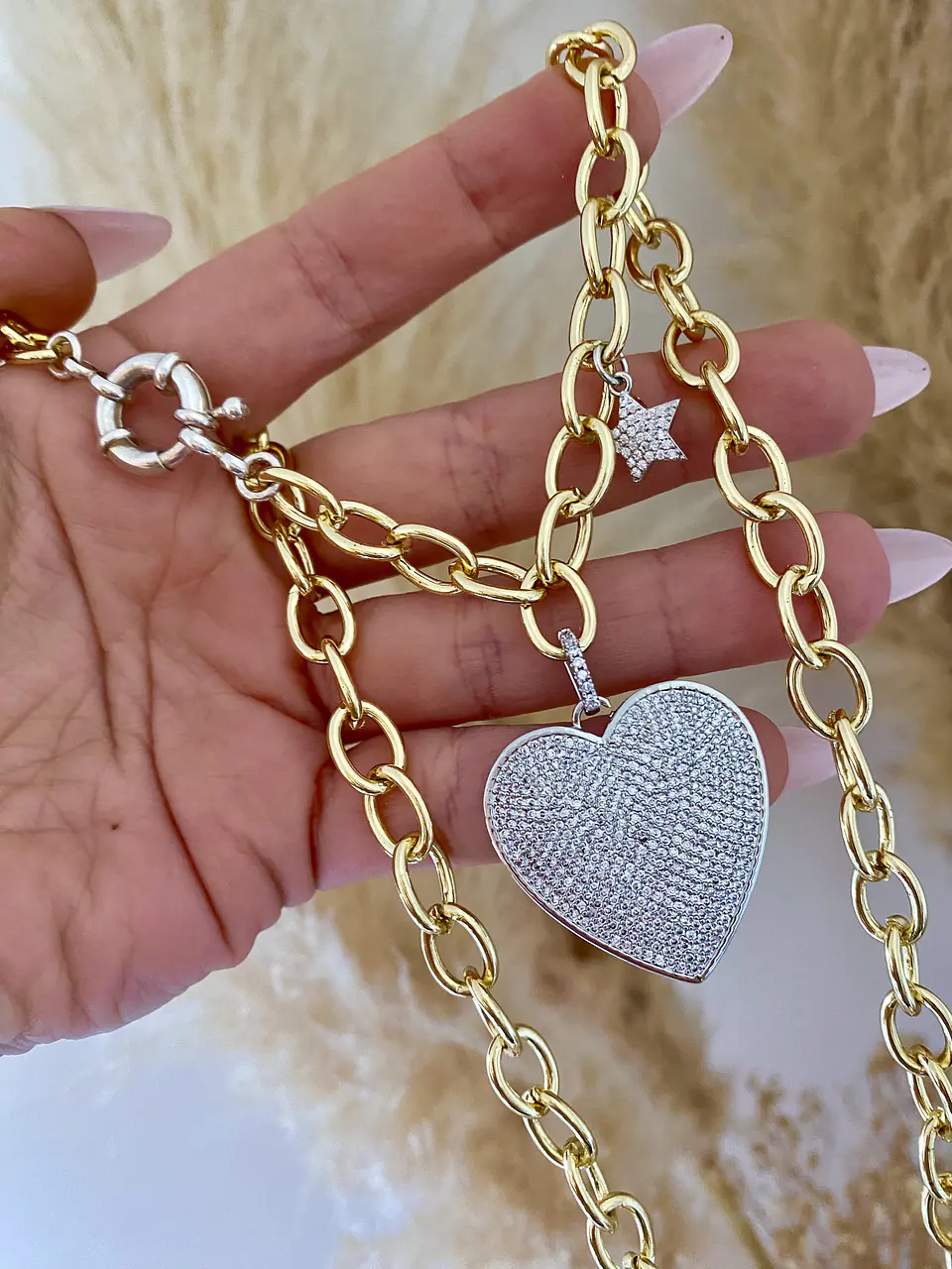 Collar Corazón Circones Silver eslabones Gold 3