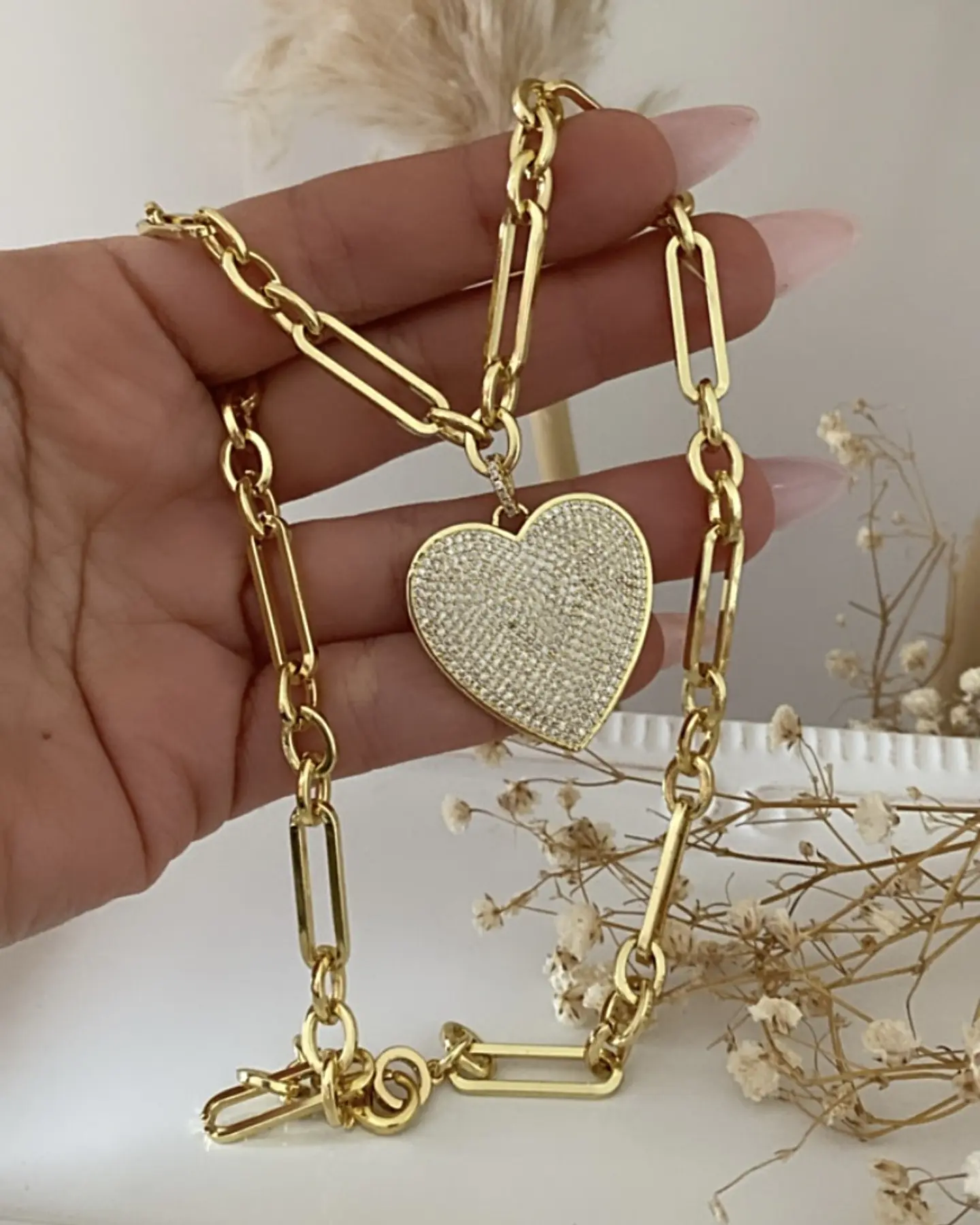 Collar Corazón Circones eslabones mixtos Gold  1