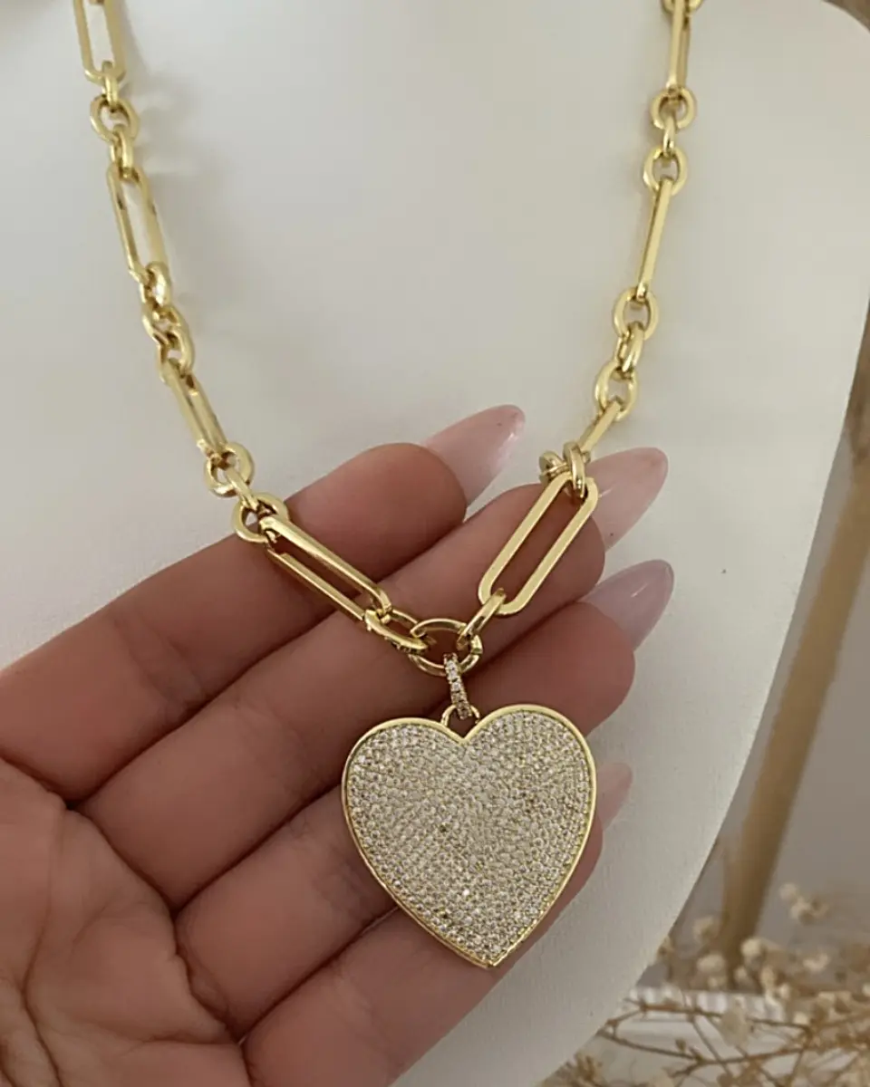 Collar Corazón Circones eslabones mixtos Gold  2