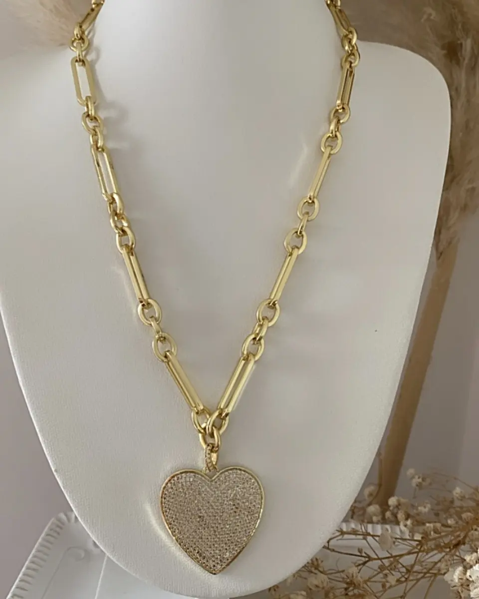Collar Corazón Circones eslabones mixtos Gold  3