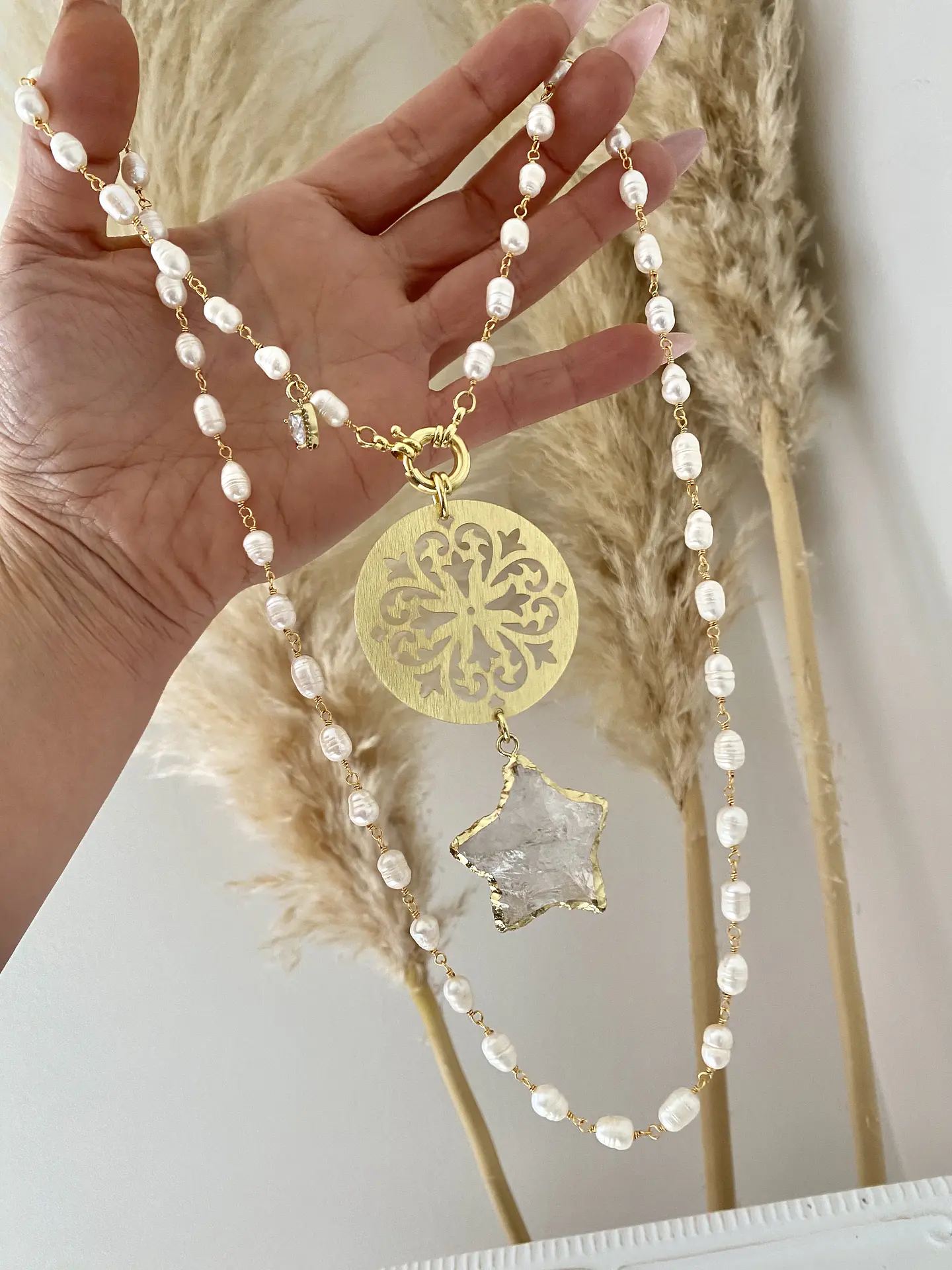 Collar XL Mandala y Estrella cuarzo Perlas de rio 7