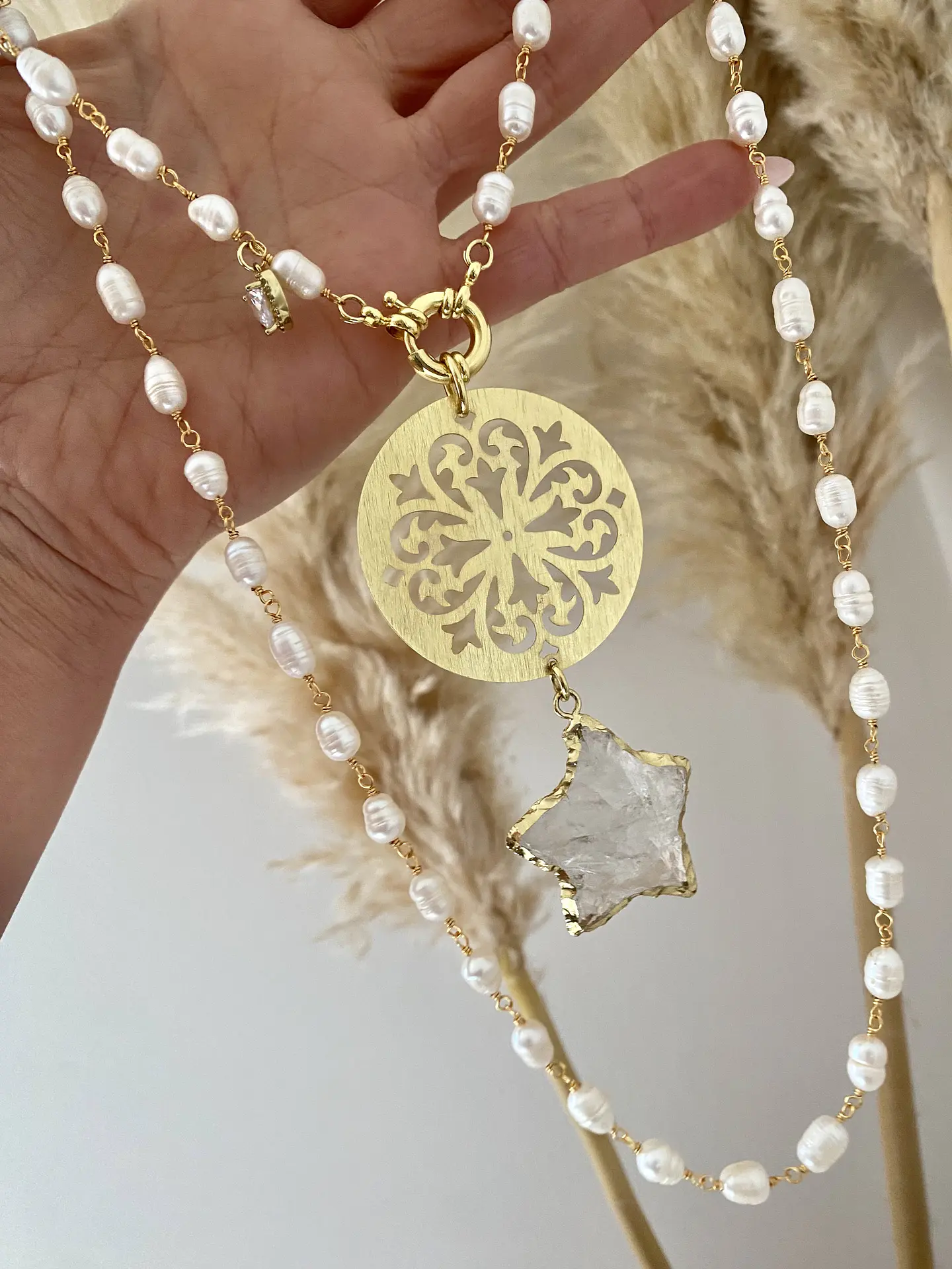 Collar XL Mandala y Estrella cuarzo Perlas de rio 8