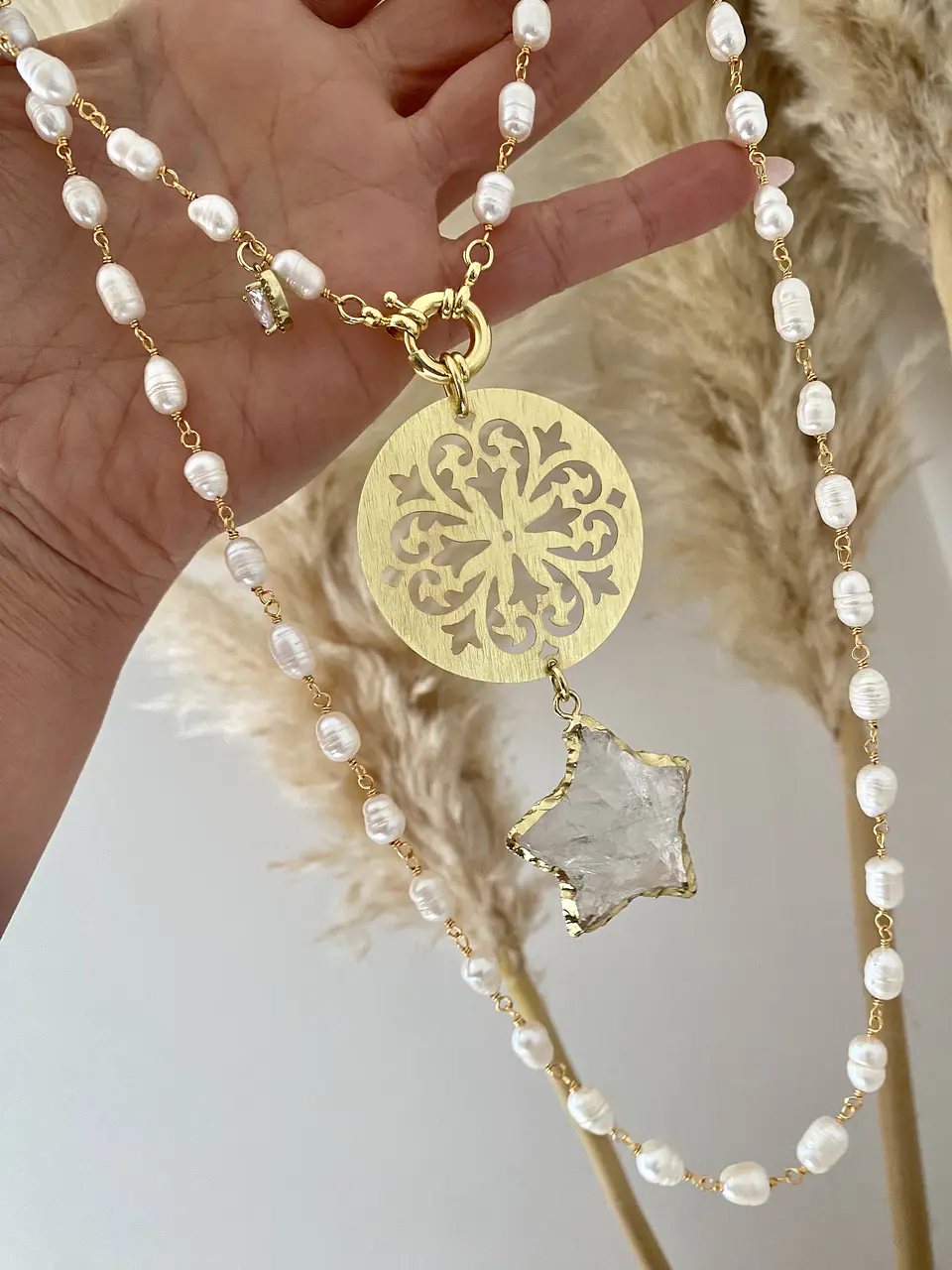 Collar XL Mandala y Estrella cuarzo Perlas de rio 8