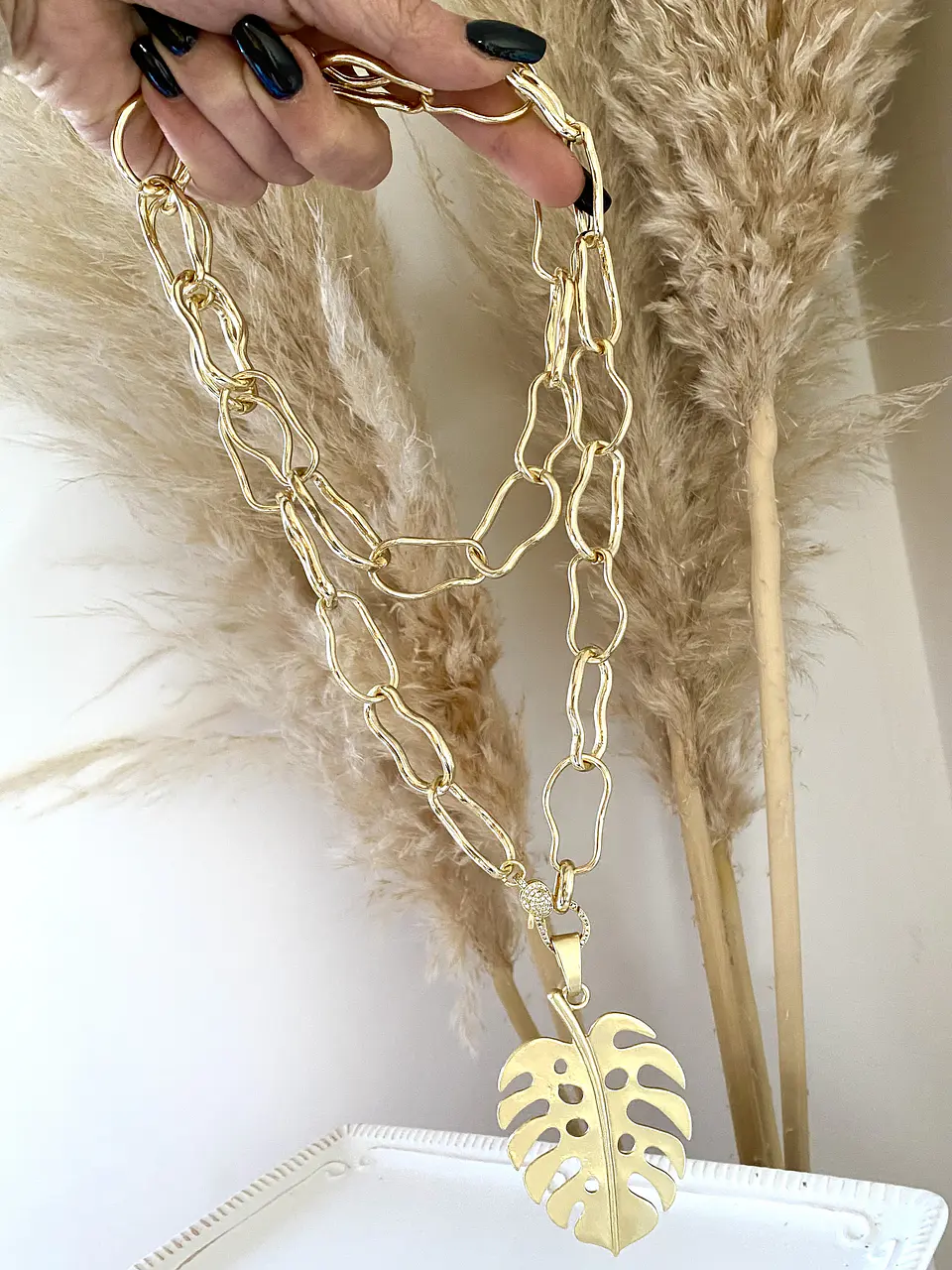 Collar XL Hoja y Maxi eslabones Irregulares Gold 3
