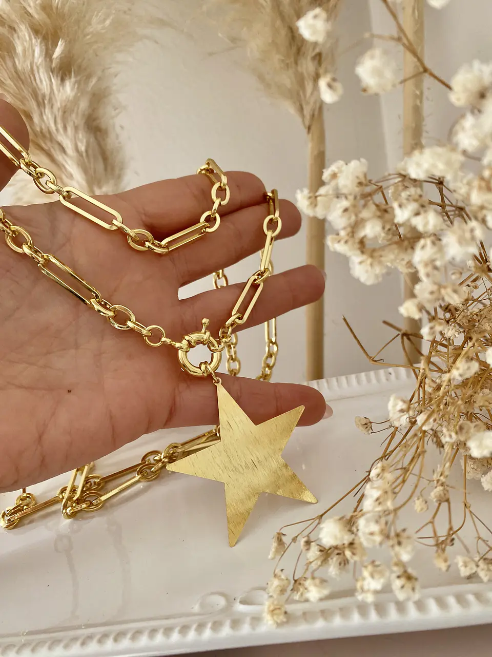 Collar XL Estrella Lijada eslabones mixtos Gold 6