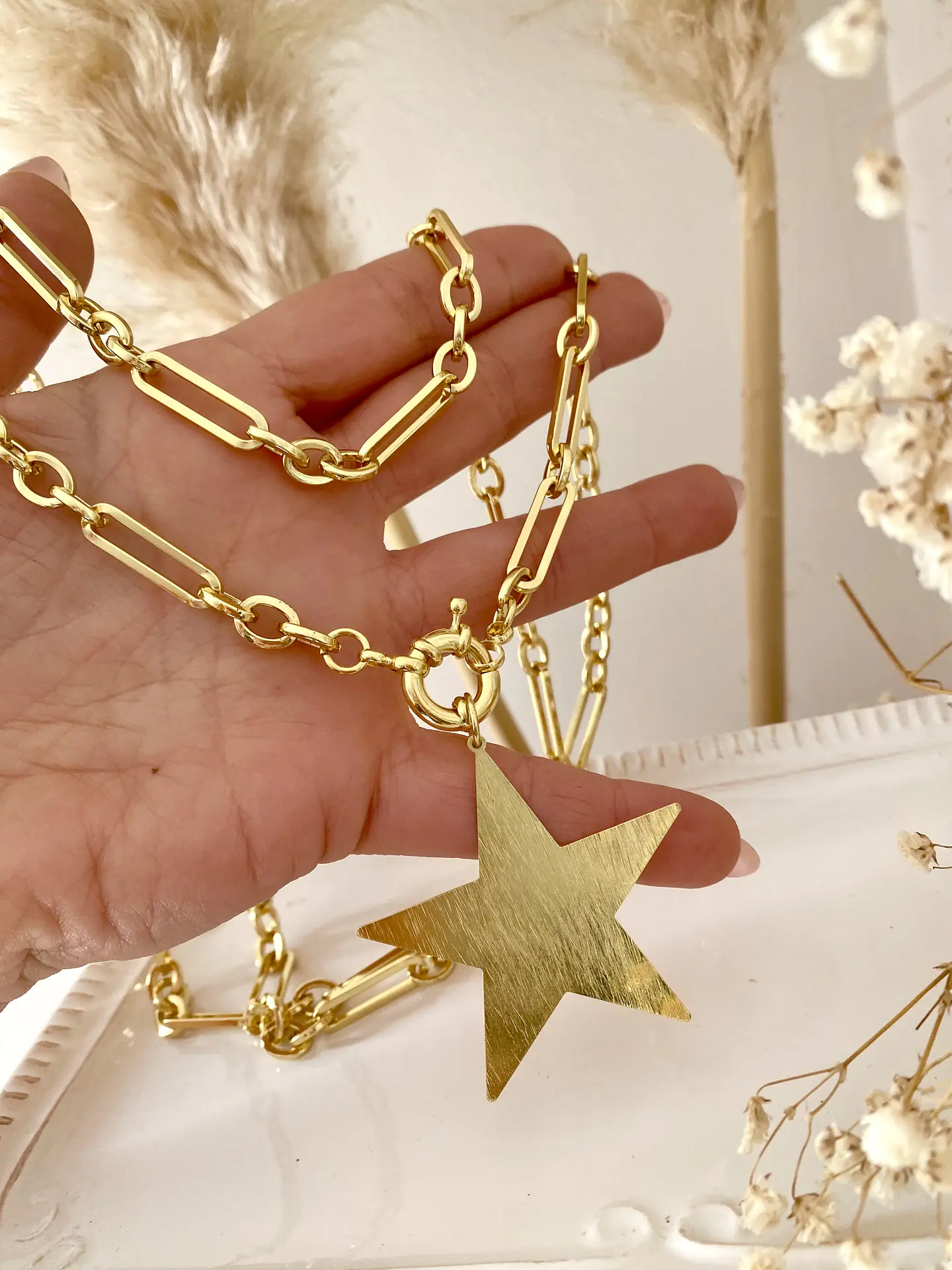 Collar XL Estrella Lijada eslabones mixtos Gold 9