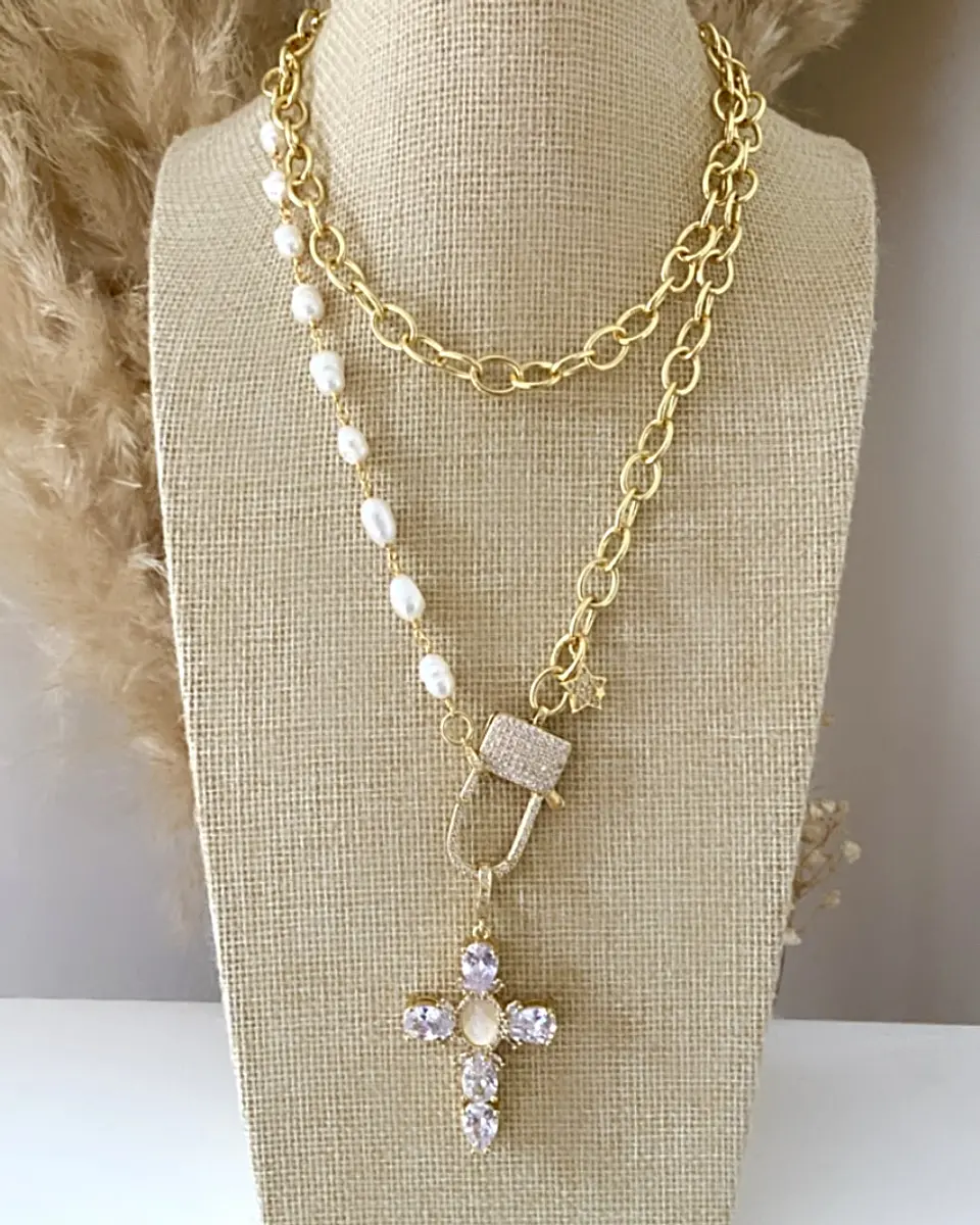 Collar XL Maxi Cruz Cristal Perlas Broche Candado 4