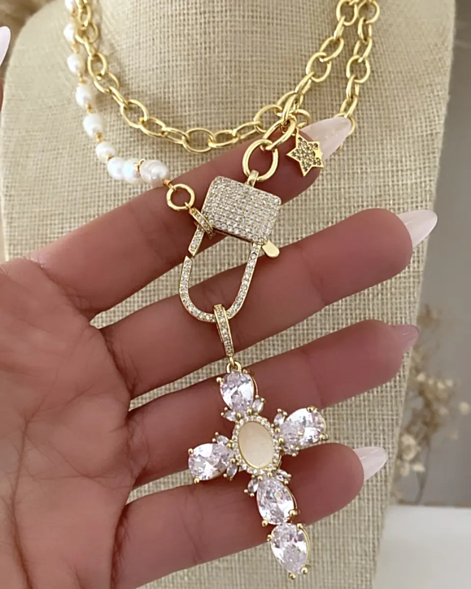 Collar XL Maxi Cruz Cristal Perlas Broche Candado 6
