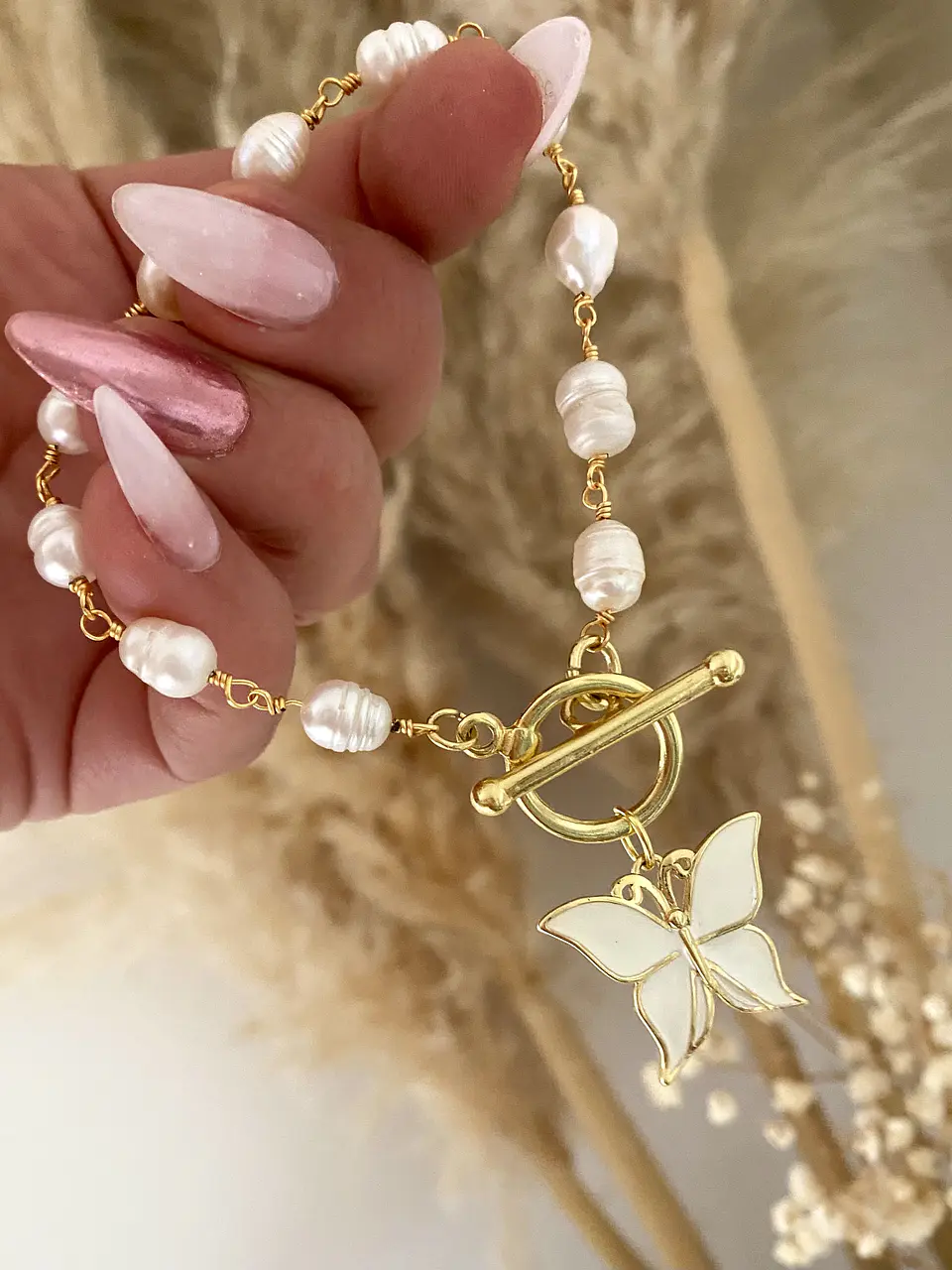Pulsera Perlas Mariposa Blanca Gold 1