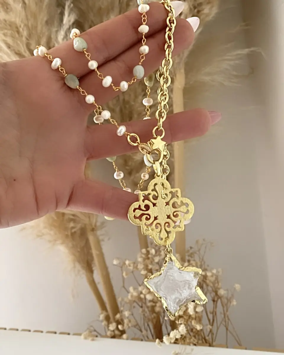 Collar XL Estrella Cuarzo Piedras Perlas gold 2