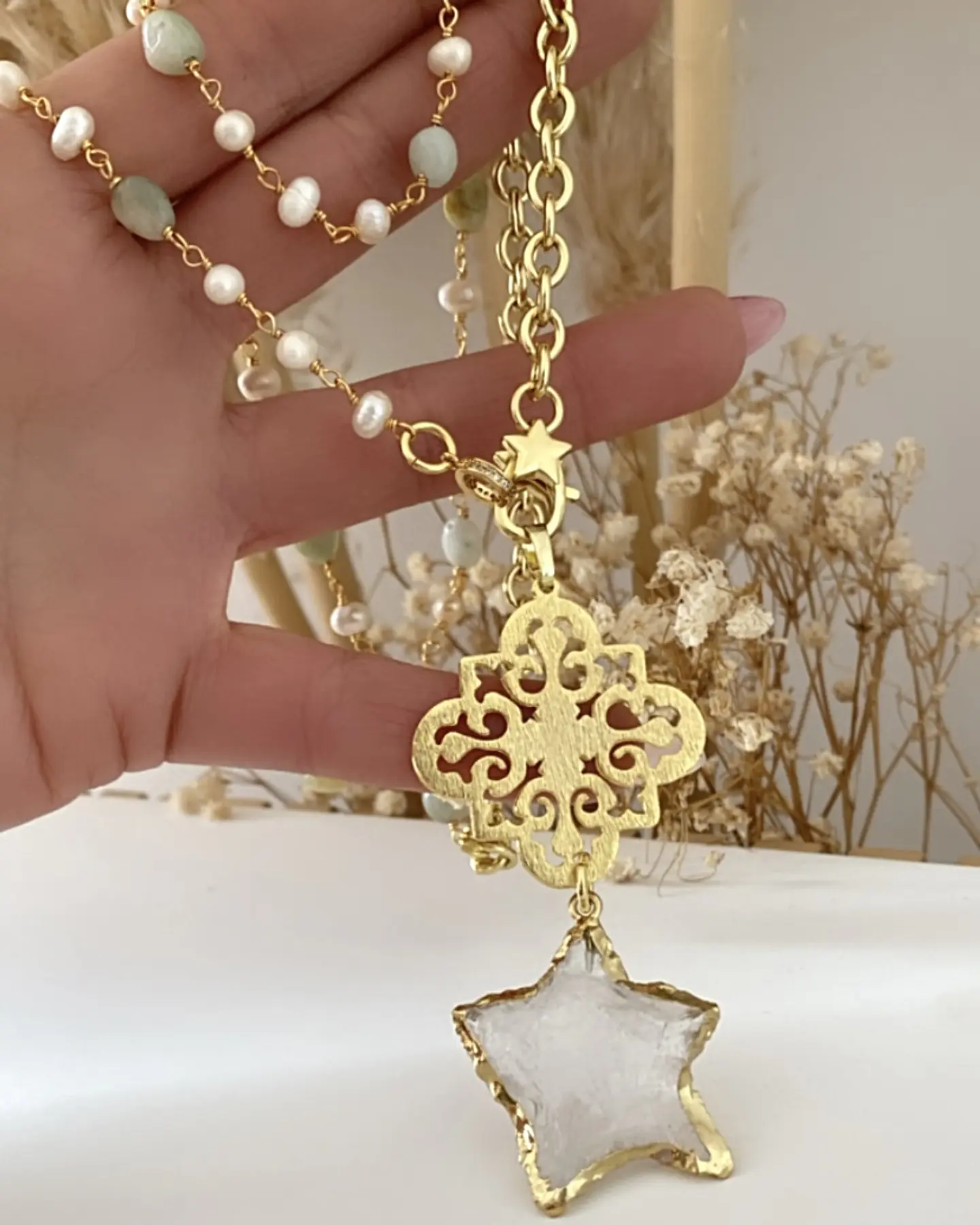Collar XL Estrella Cuarzo Piedras Perlas gold 4