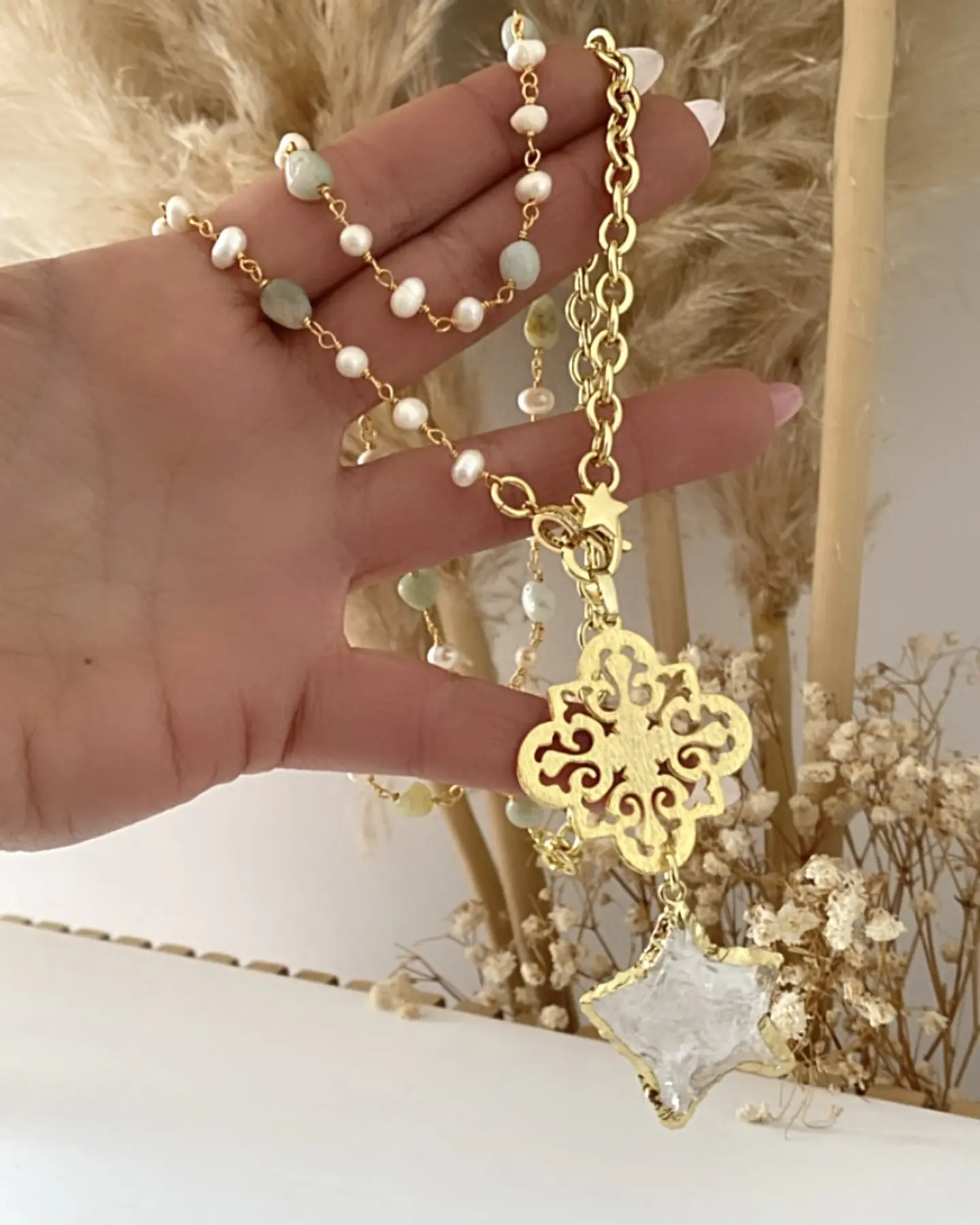 Collar XL Estrella Cuarzo Piedras Perlas gold 5
