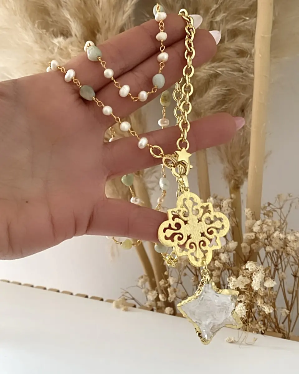 Collar XL Estrella Cuarzo Piedras Perlas gold 5