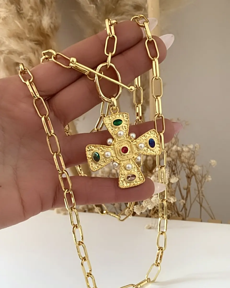 Collar XL Maxi Cruz Cristales Perlas Gold 2