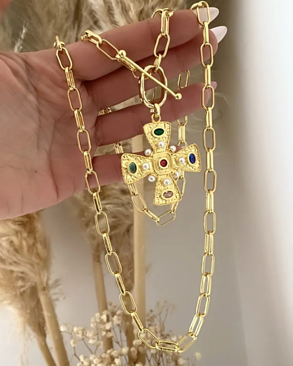 Collar XL Maxi Cruz Cristales Perlas Gold 3