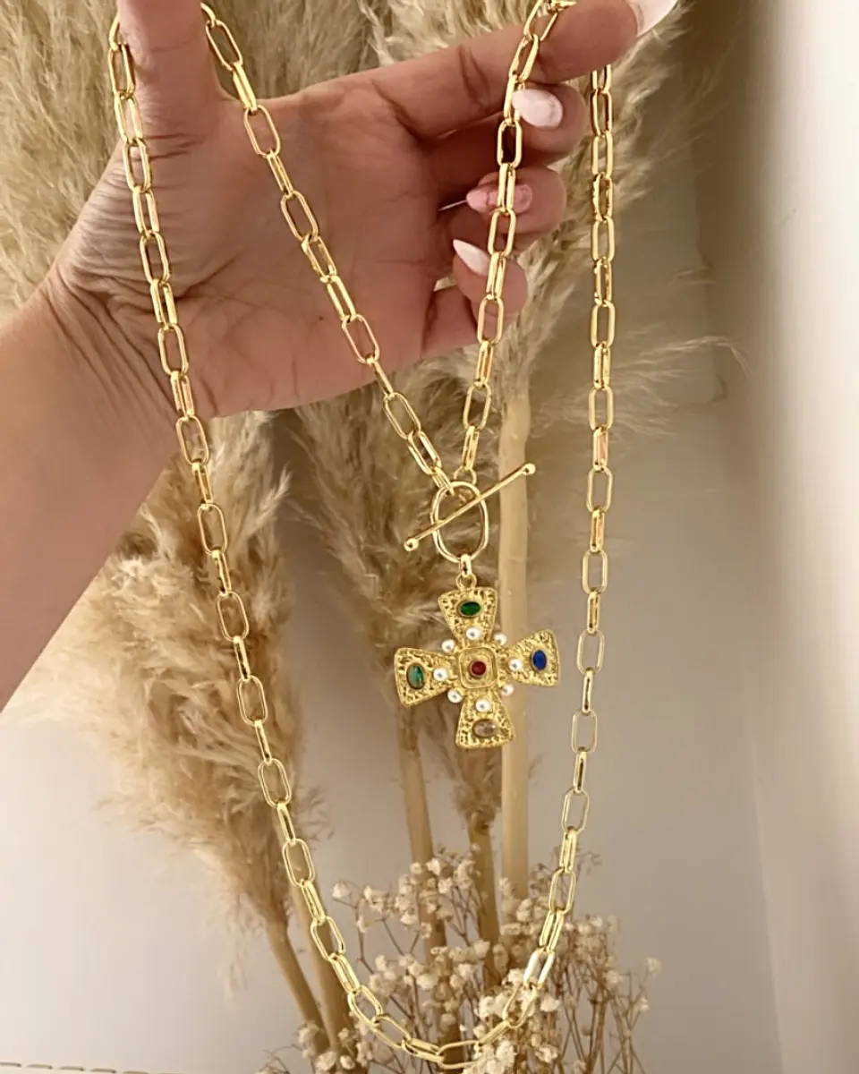 Collar XL Maxi Cruz Cristales Perlas Gold 4