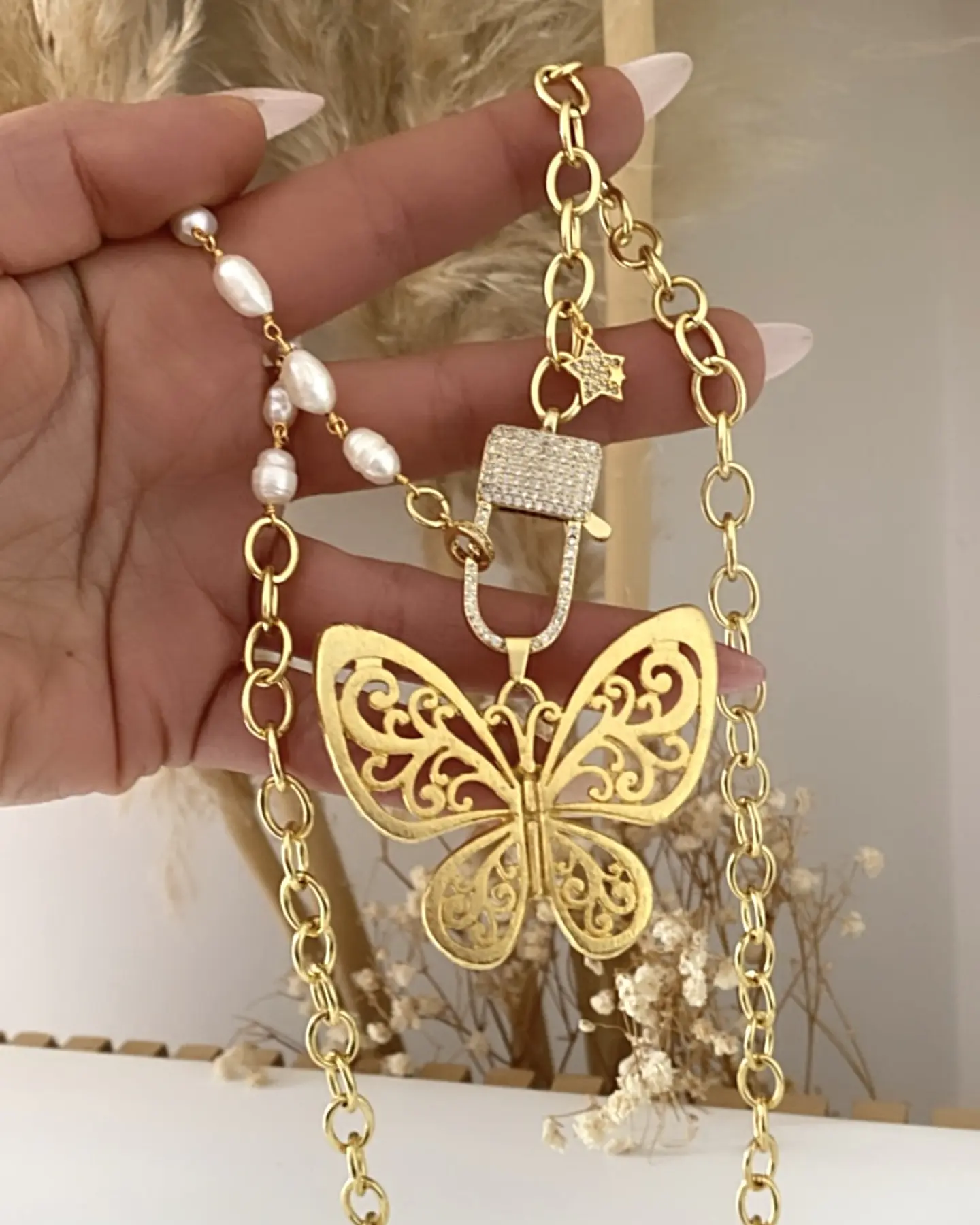 Collar XL Maxi Mariposa Calada Perlas Gold 3