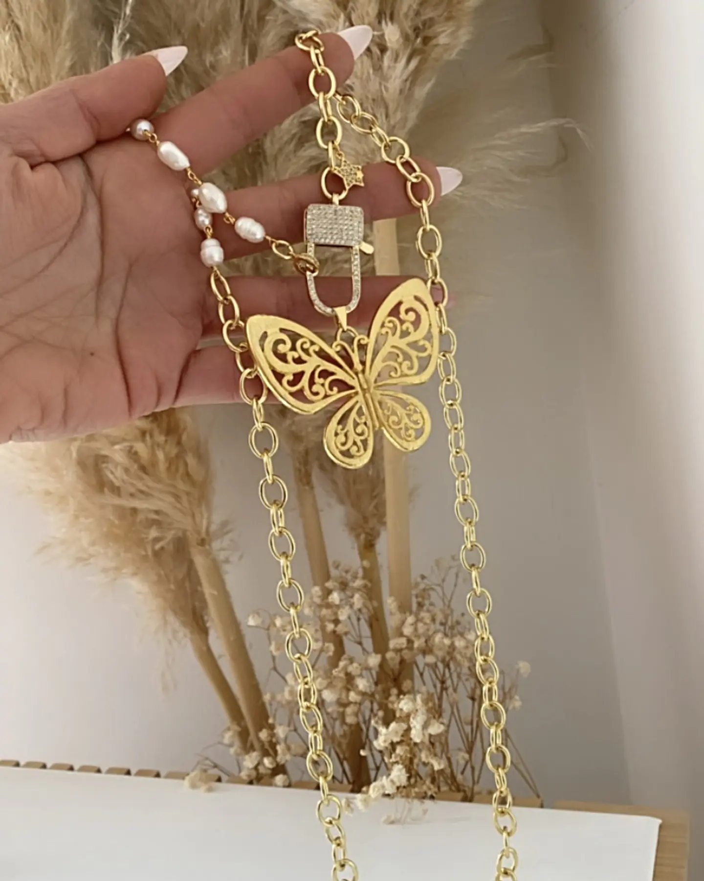 Collar XL Maxi Mariposa Calada Perlas Gold 2