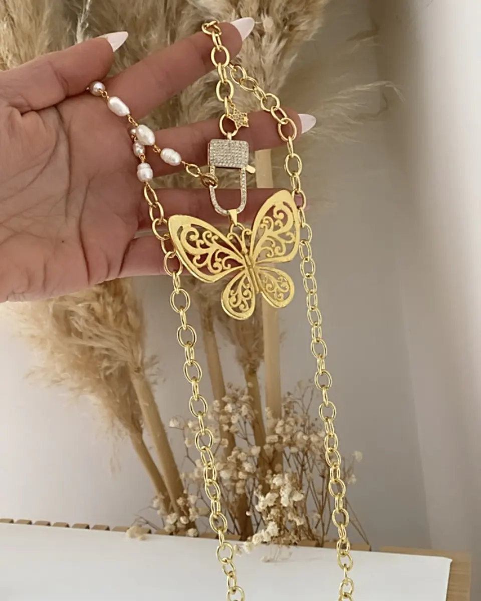 Collar XL Maxi Mariposa Calada Perlas Gold 2
