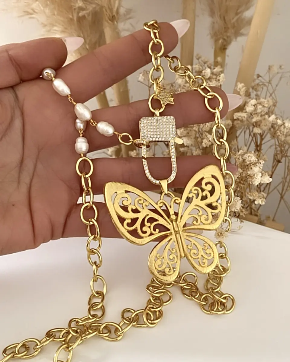 Collar XL Maxi Mariposa Calada Perlas Gold 1