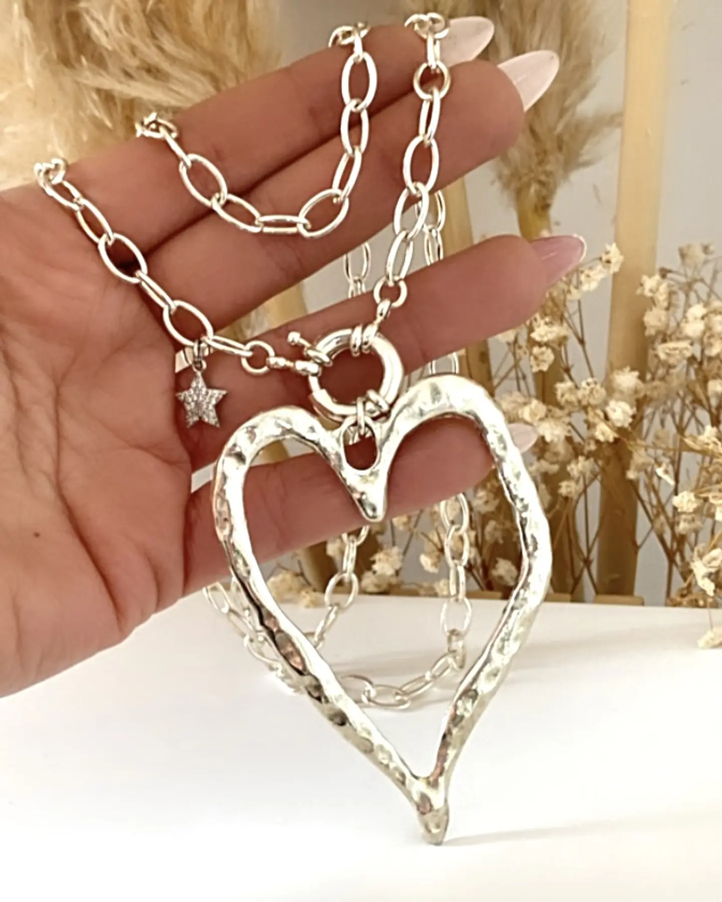 Collar XL Maxi Corazon Martillado Silver 1
