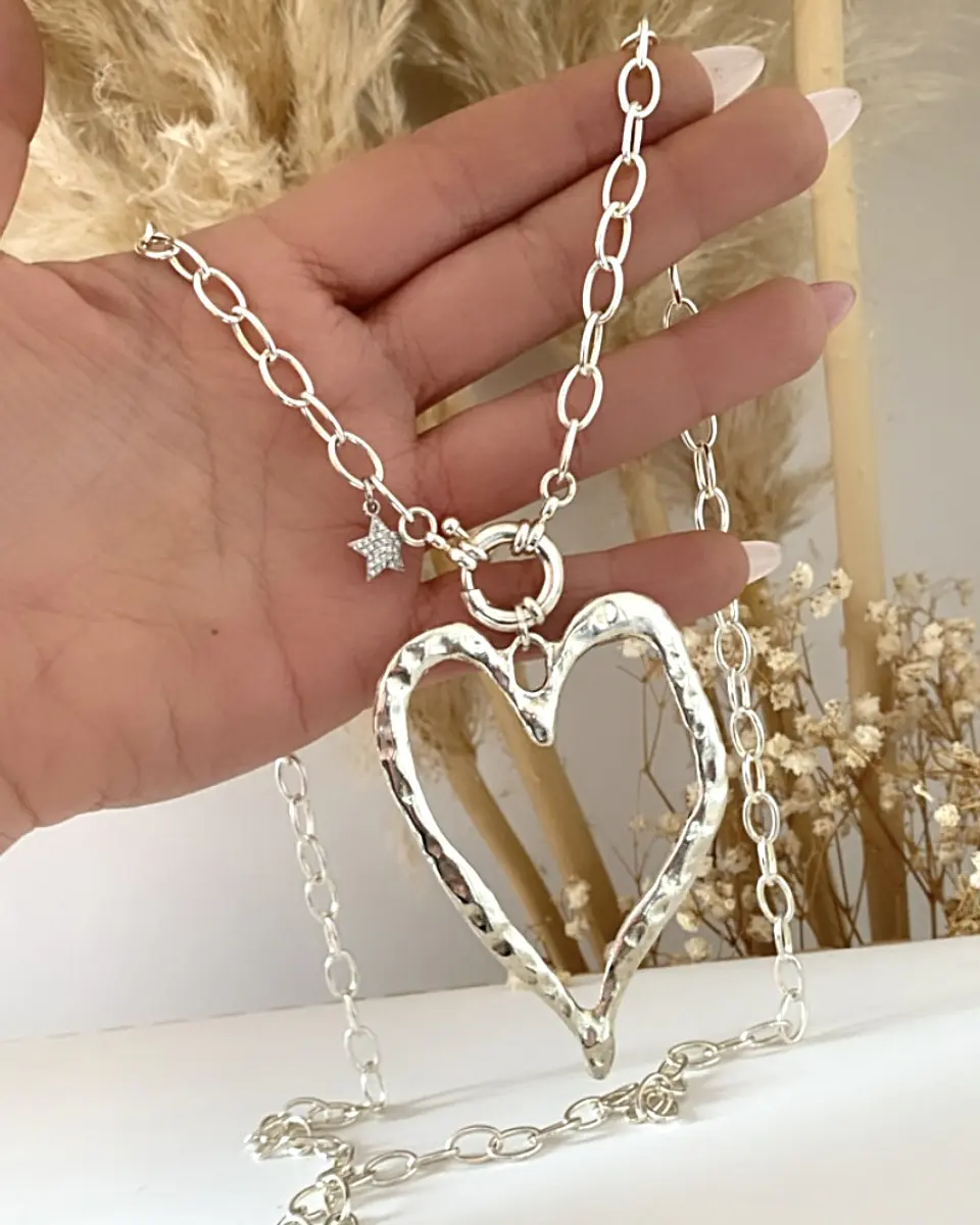 Collar XL Maxi Corazon Martillado Silver 2