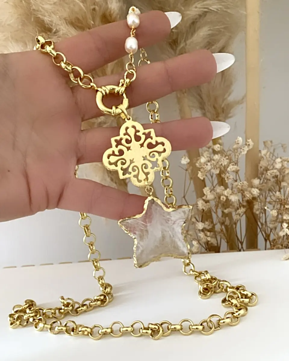Collar XL Estrella Cuarzo Perlas maxi eslabones rolo gold 1
