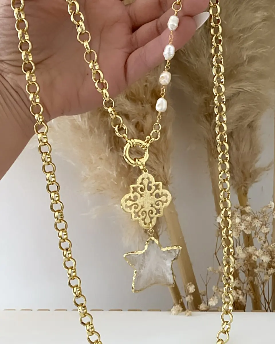 Collar XL Estrella Cuarzo Perlas maxi eslabones rolo gold 2
