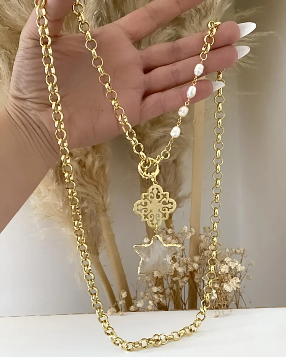 Collar XL Estrella Cuarzo Perlas maxi eslabones rolo gold 3