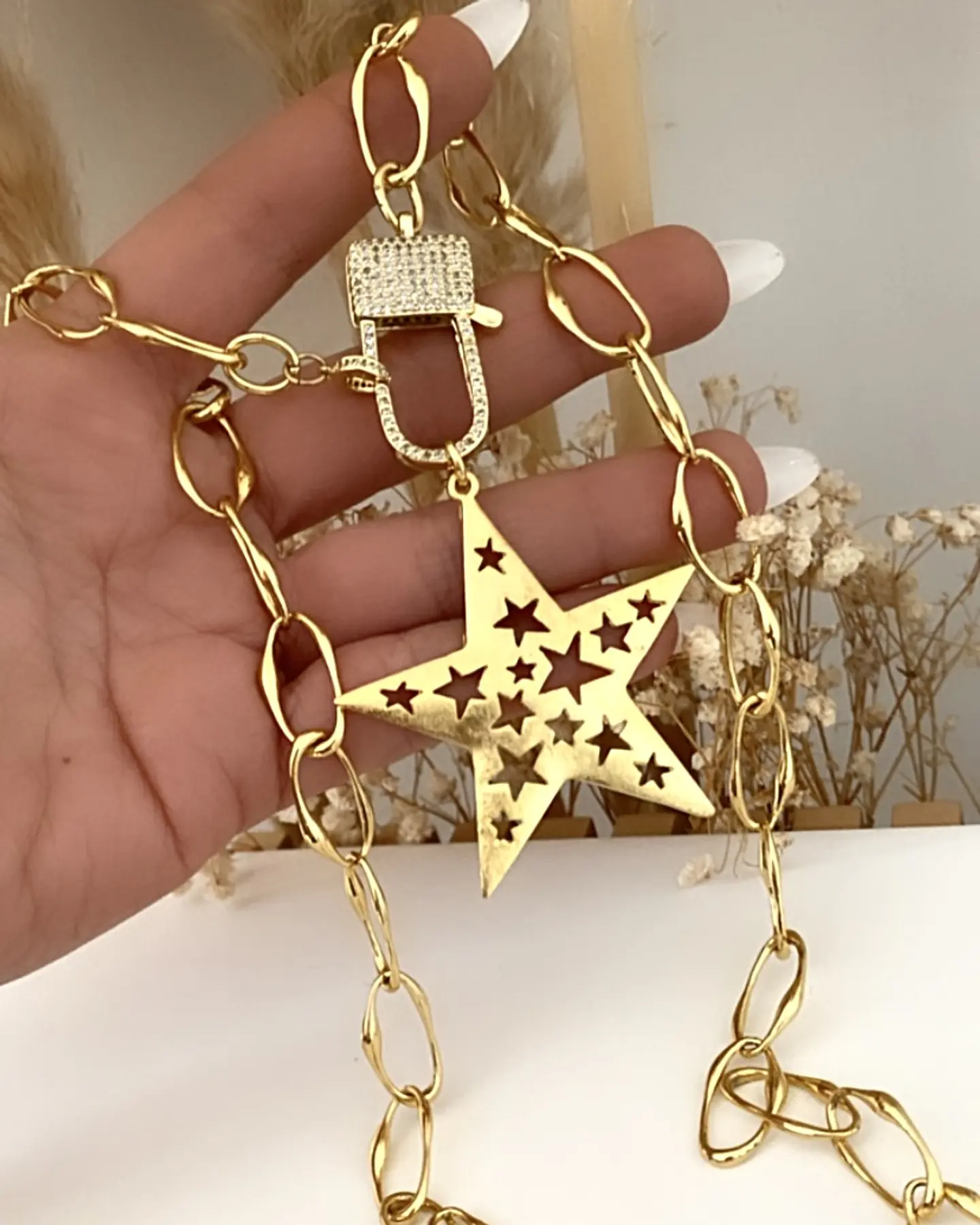 Collar XL Maxi Estrella Calada broche Candado Gold   1