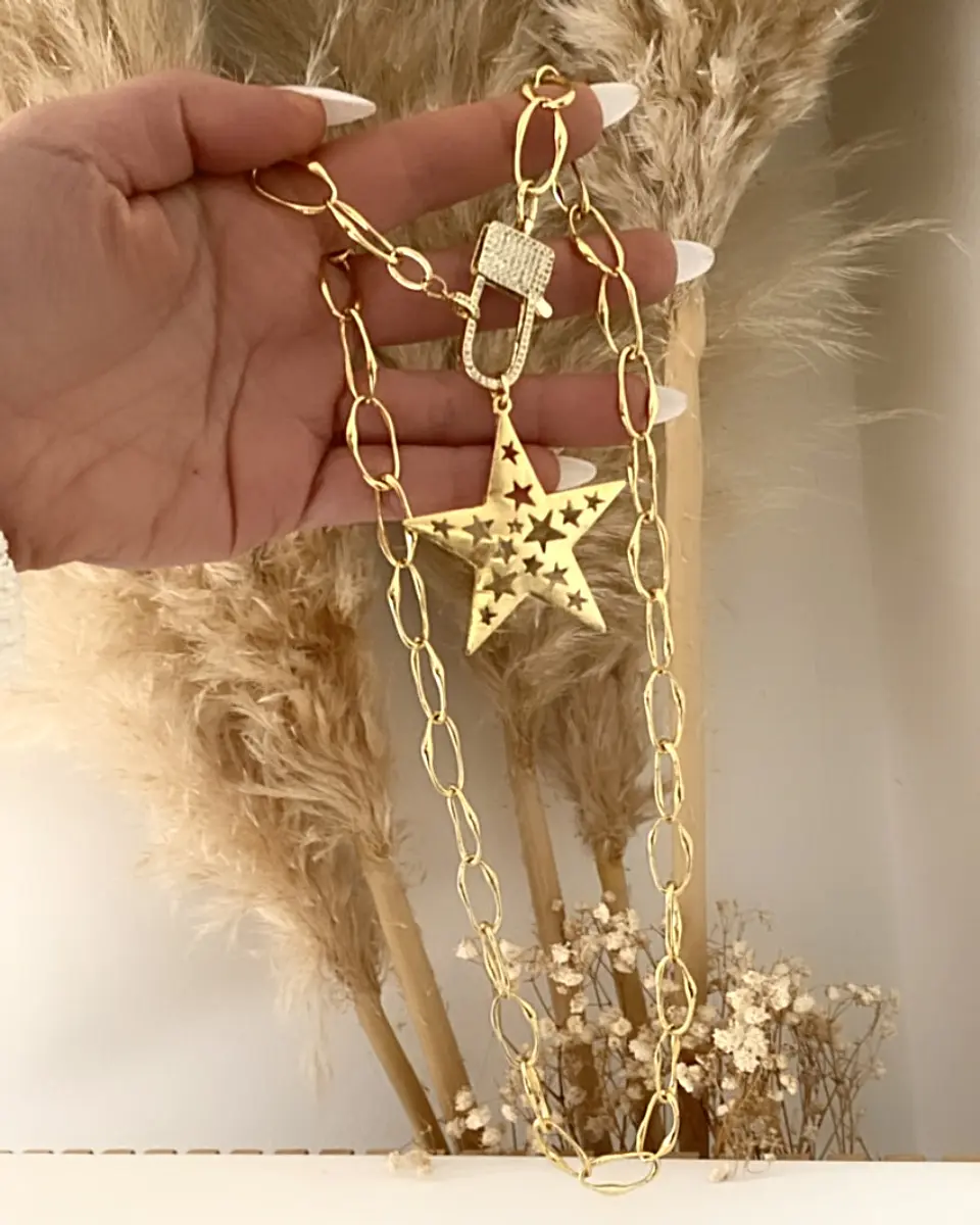 Collar XL Maxi Estrella Calada broche Candado Gold   2