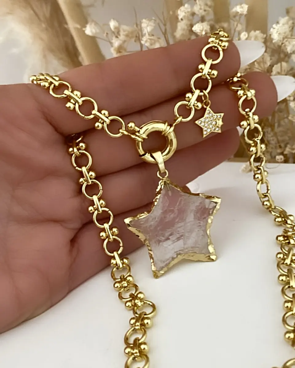 Collar Estrella Cuarzo eslabones mixtos punto luz gold  1