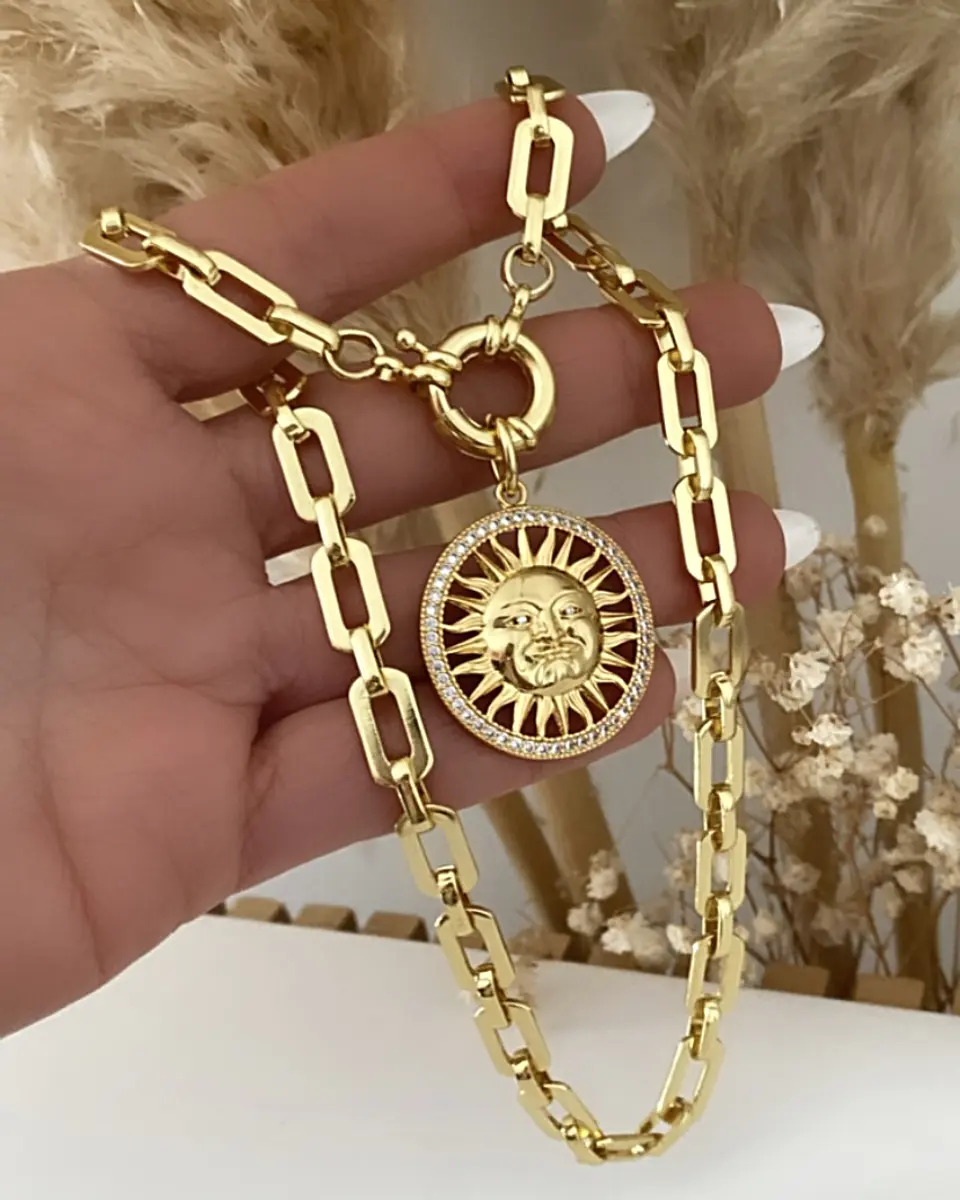 Collar Medalla Sol eslabones aplanados Gold  4