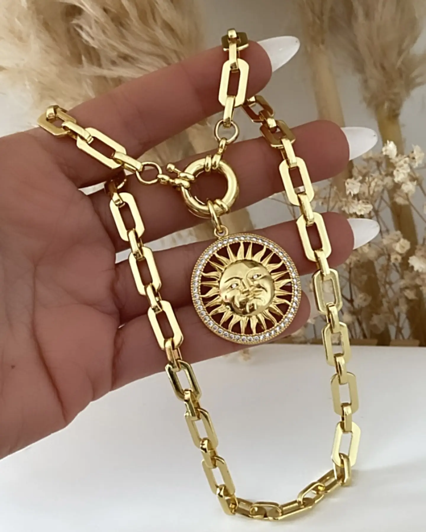 Collar Medalla Sol eslabones aplanados Gold  7