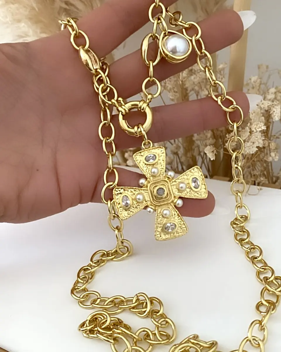 Collar XL Maxi Cruz Perlas Cristales  Gold 1