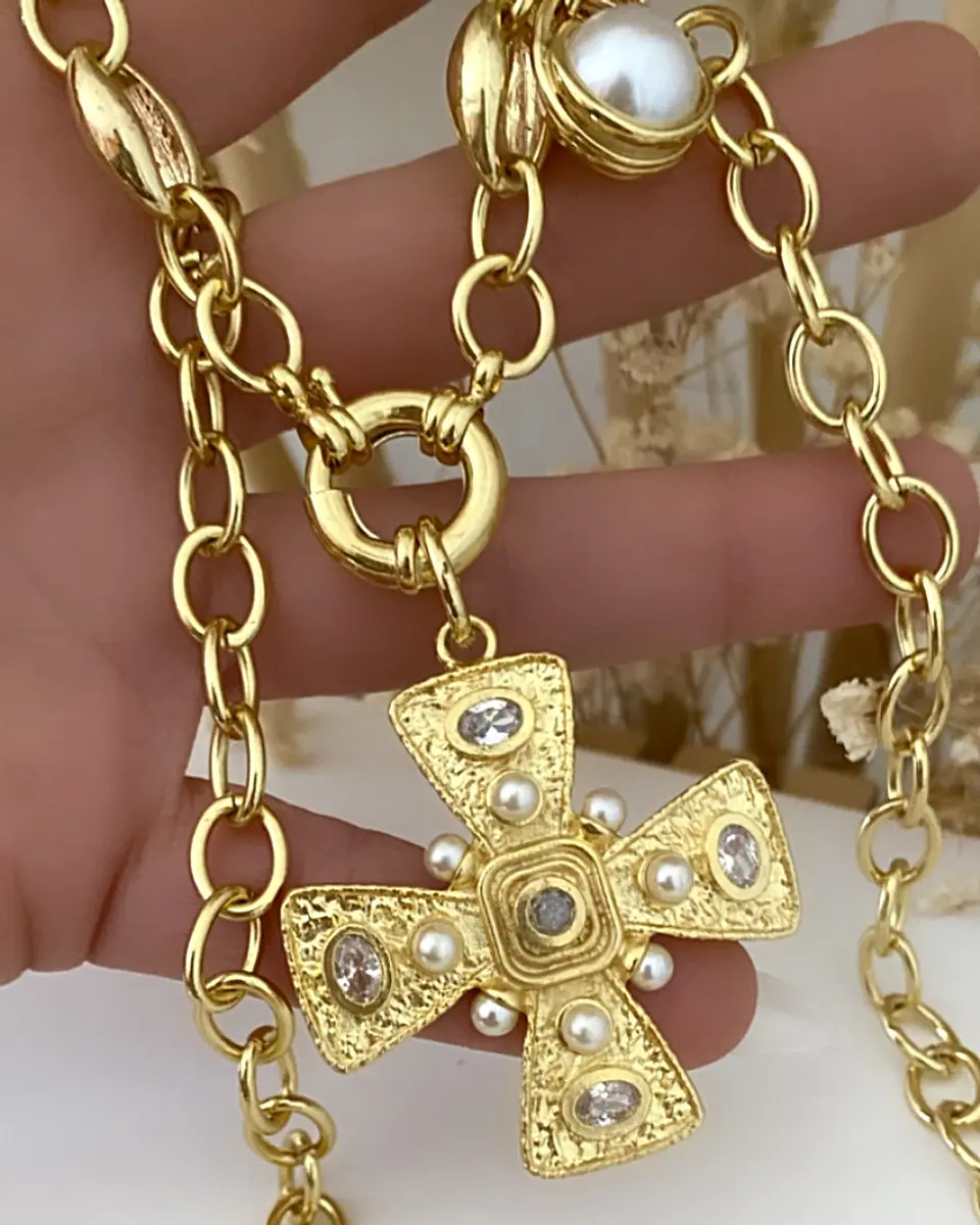 Collar XL Maxi Cruz Perlas Cristales  Gold 4