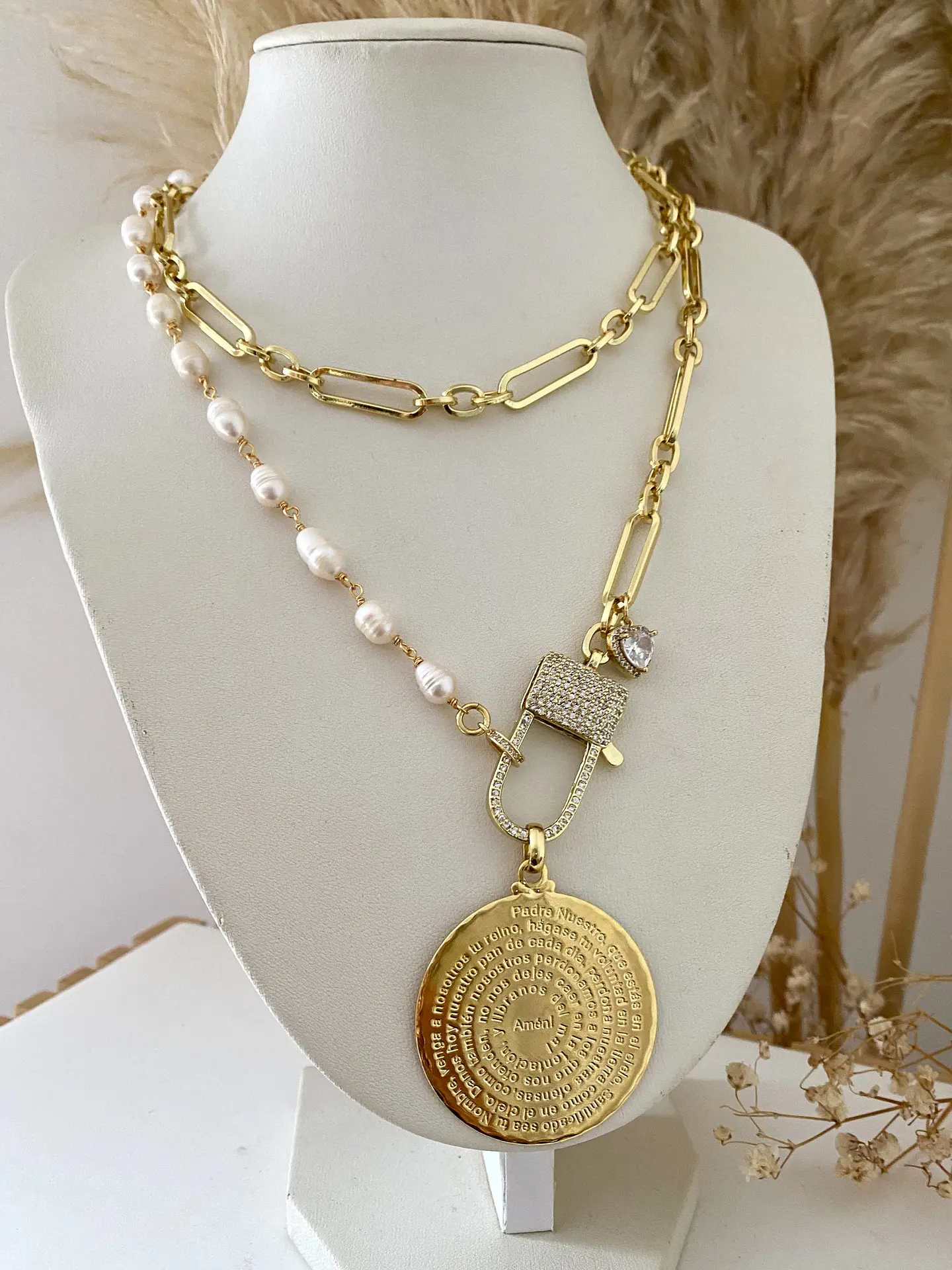 Collar XL Medallón Padre Nuestro Perlas gold 5