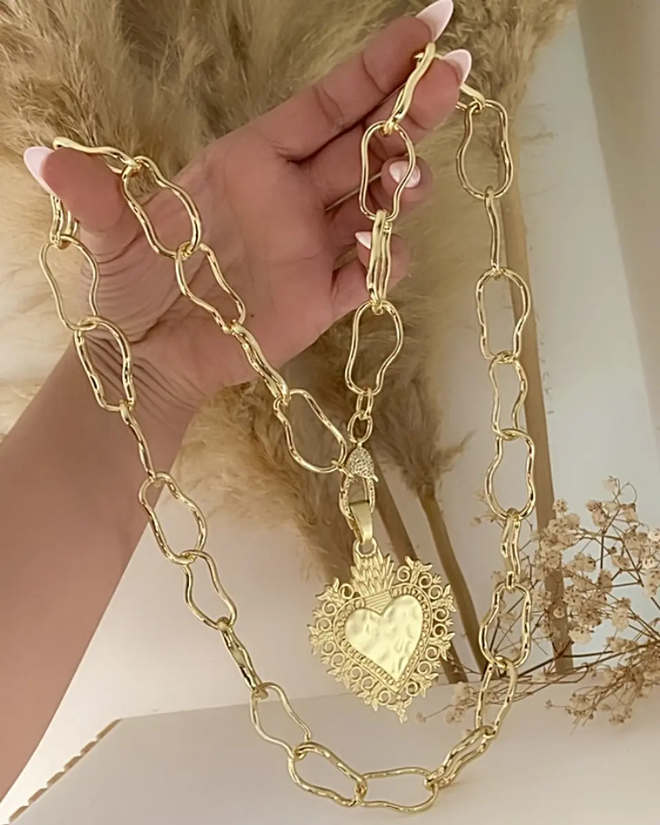 Collar XL Medallón Corazón Barroco y Maxi eslabones Irregulares Gold 3