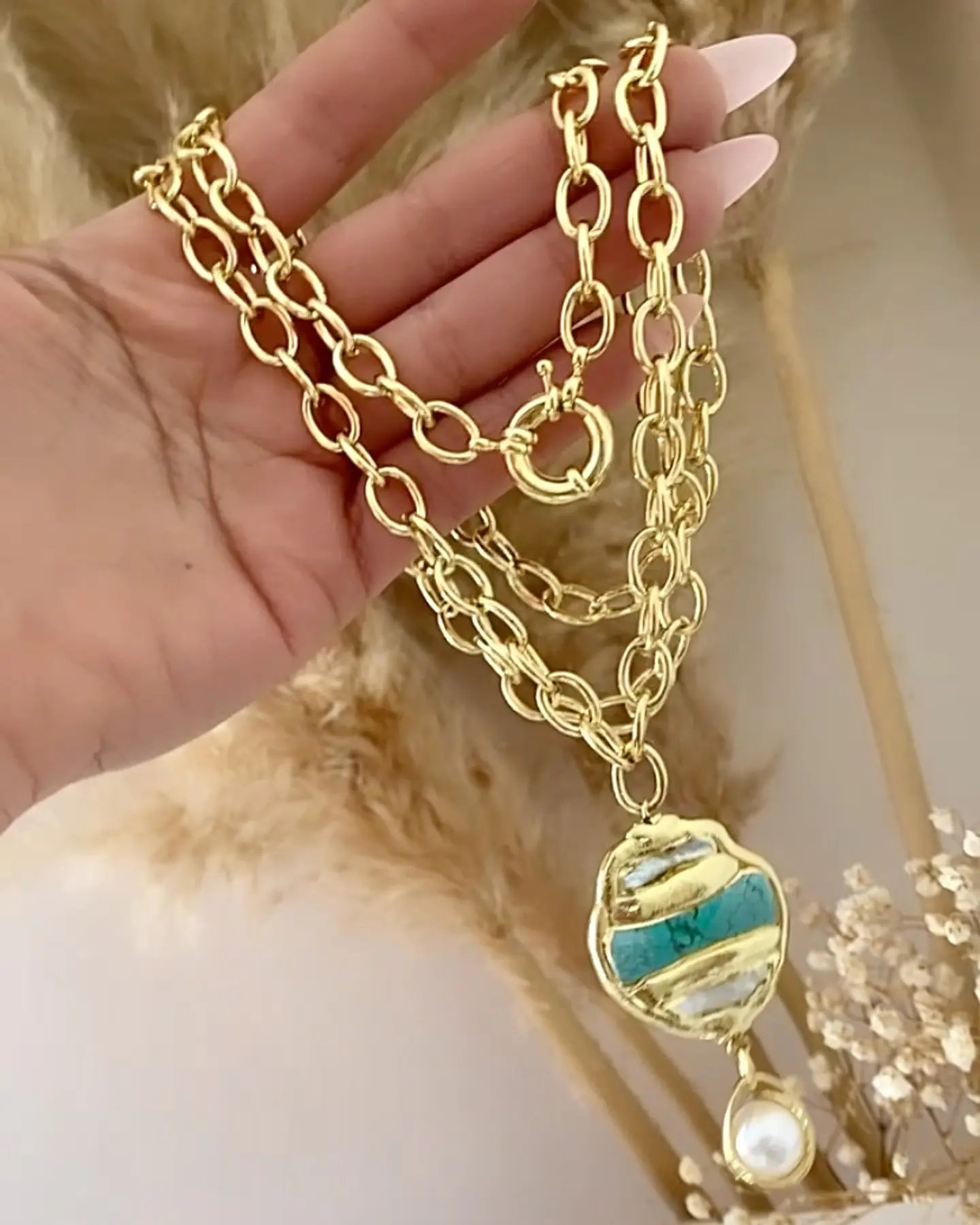 Collar XL Turquesa Nácar con dije Perla  4
