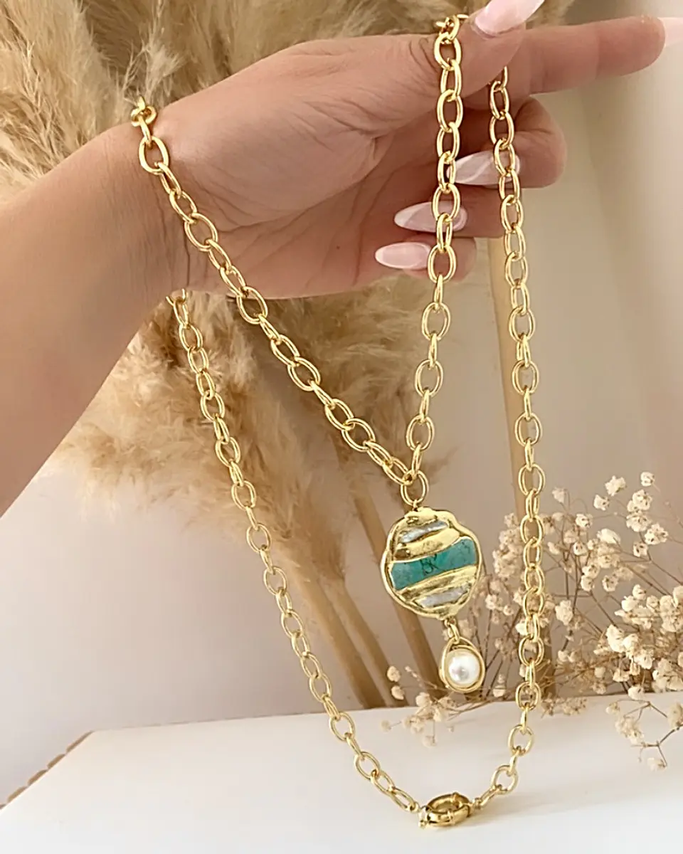 Collar XL Turquesa Nácar con dije Perla  2