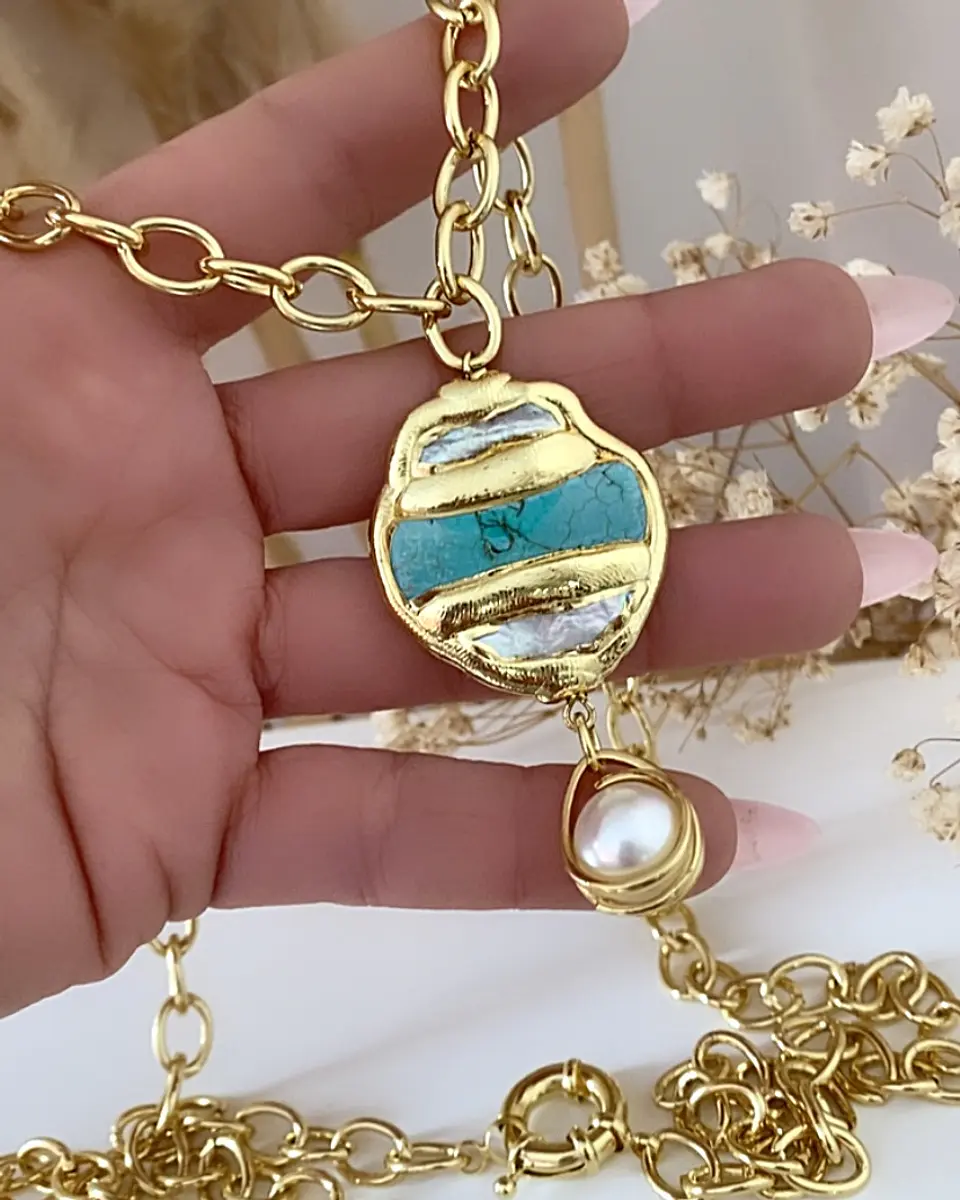 Collar XL Turquesa Nácar con dije Perla  3