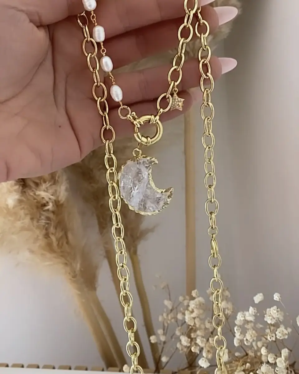 Collar XL Luna Cuarzo con eslabones mixtos  3