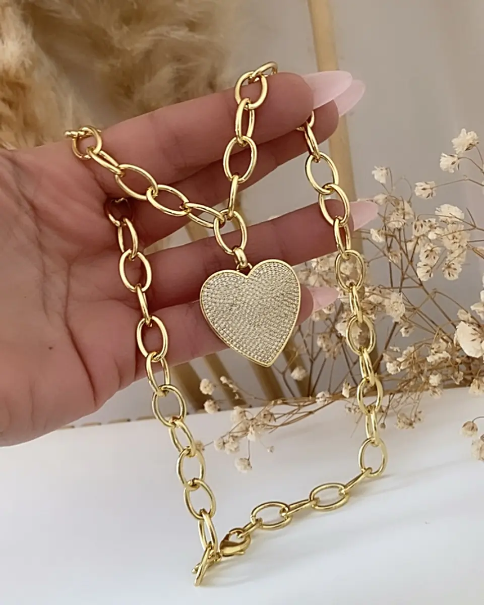 Collar Cadenon Corazón Circones Gold  3